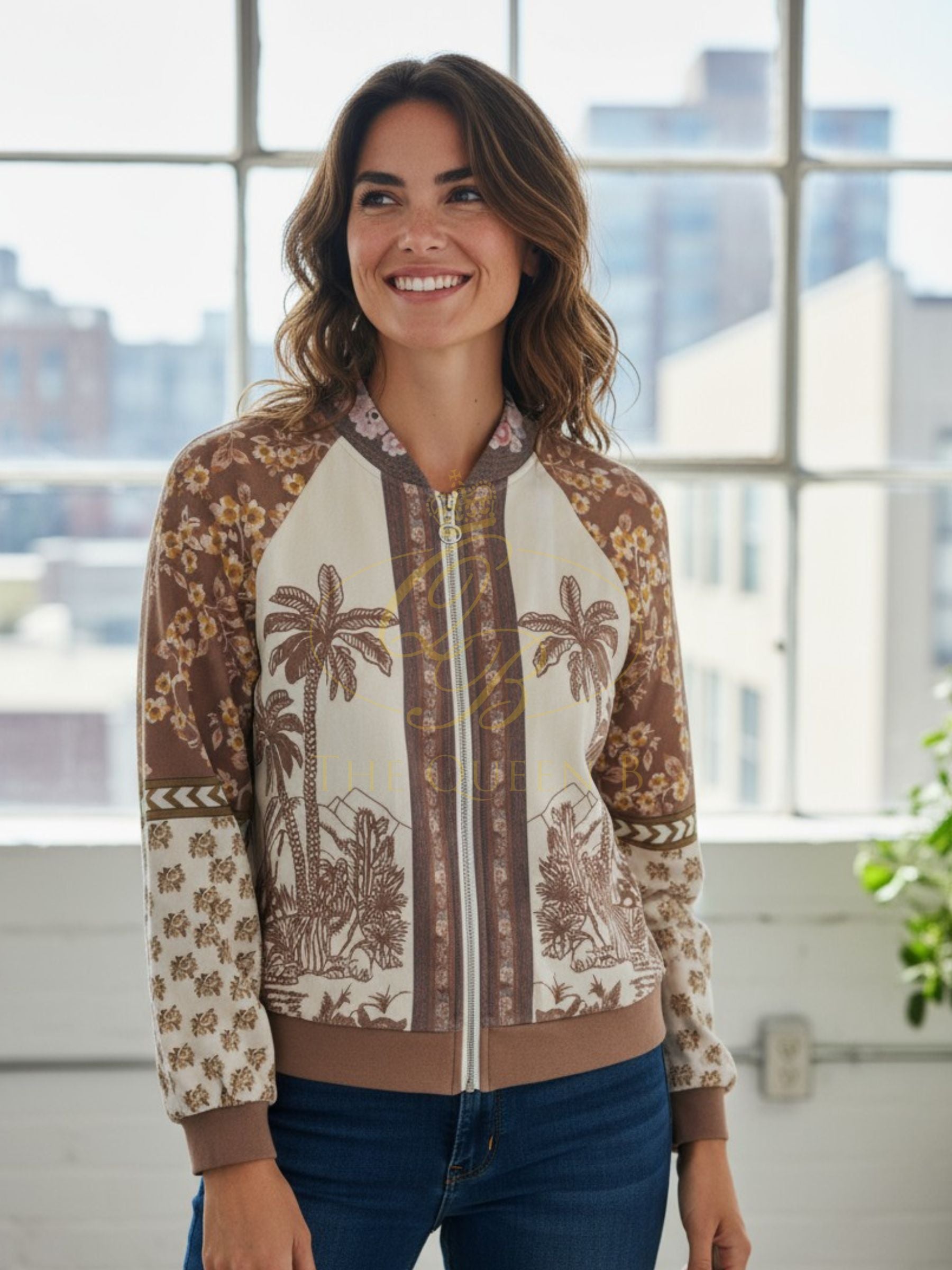LUXTYLE BRENDA Mocha Bomber Jacket with tropical and floral print design, featuring ribbed cuffs and zip closure.