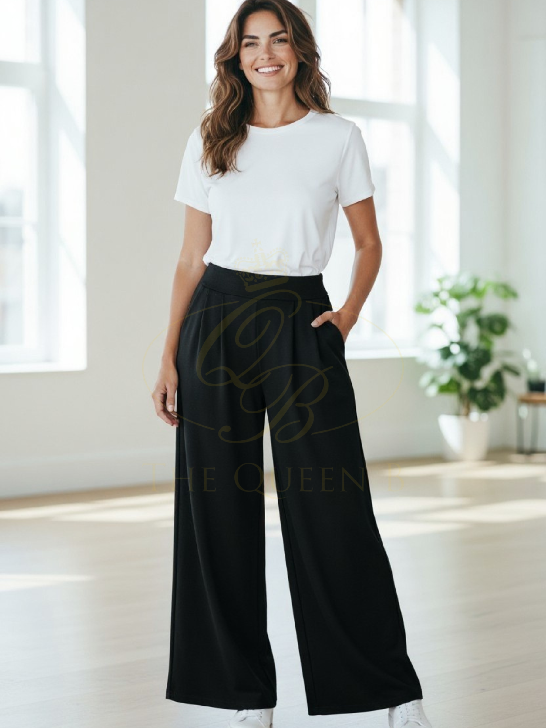 LUXTYLE CELESTE Black Wide Leg Trousers – high-rise women’s trousers with side pockets, versatile wide-leg design for workwear or casual chic.