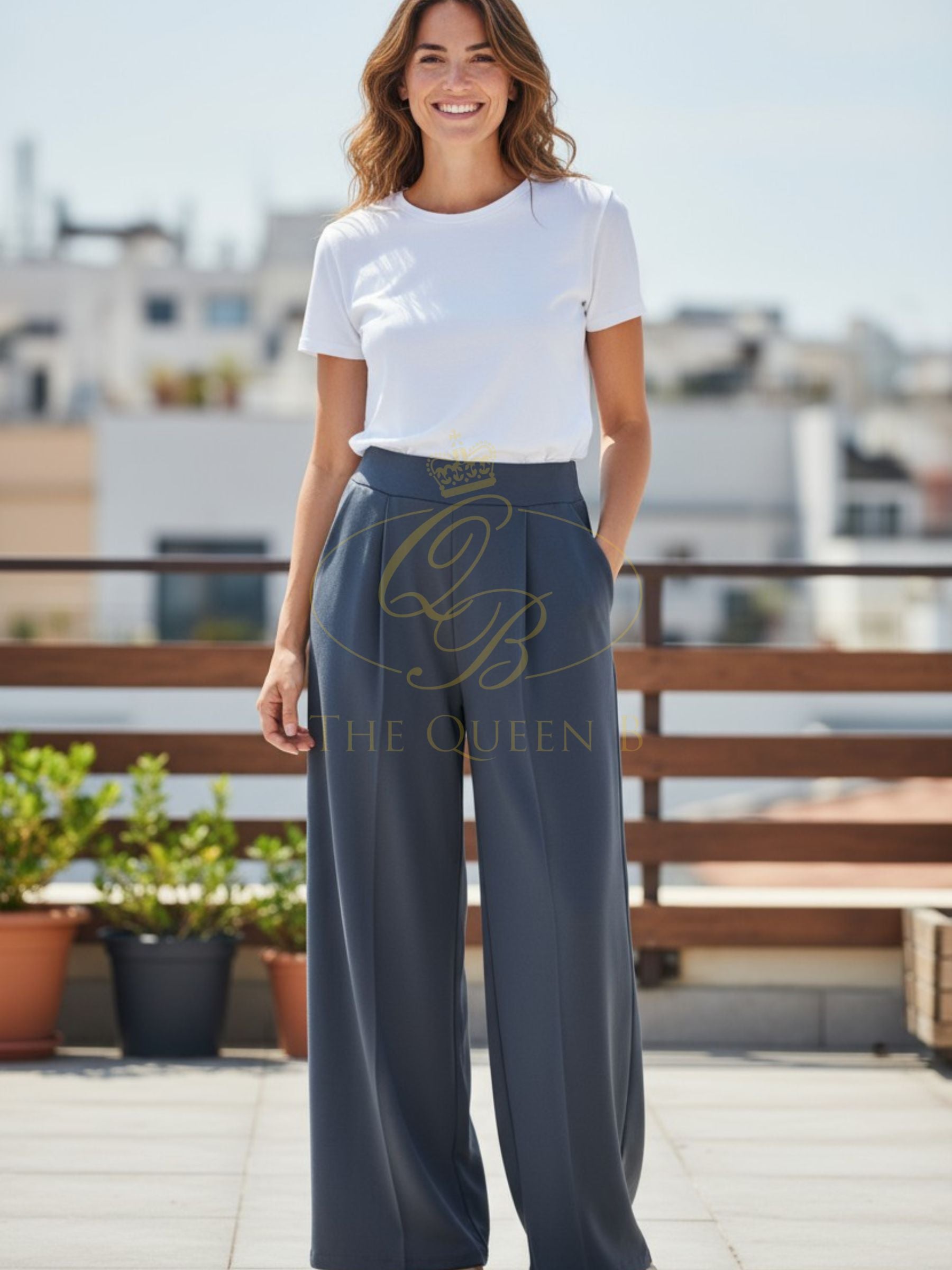 LUXTYLE CELESTE Navy Wide Leg Trousers – high-rise women’s trousers with side pockets, versatile wide-leg design for workwear or casual chic.