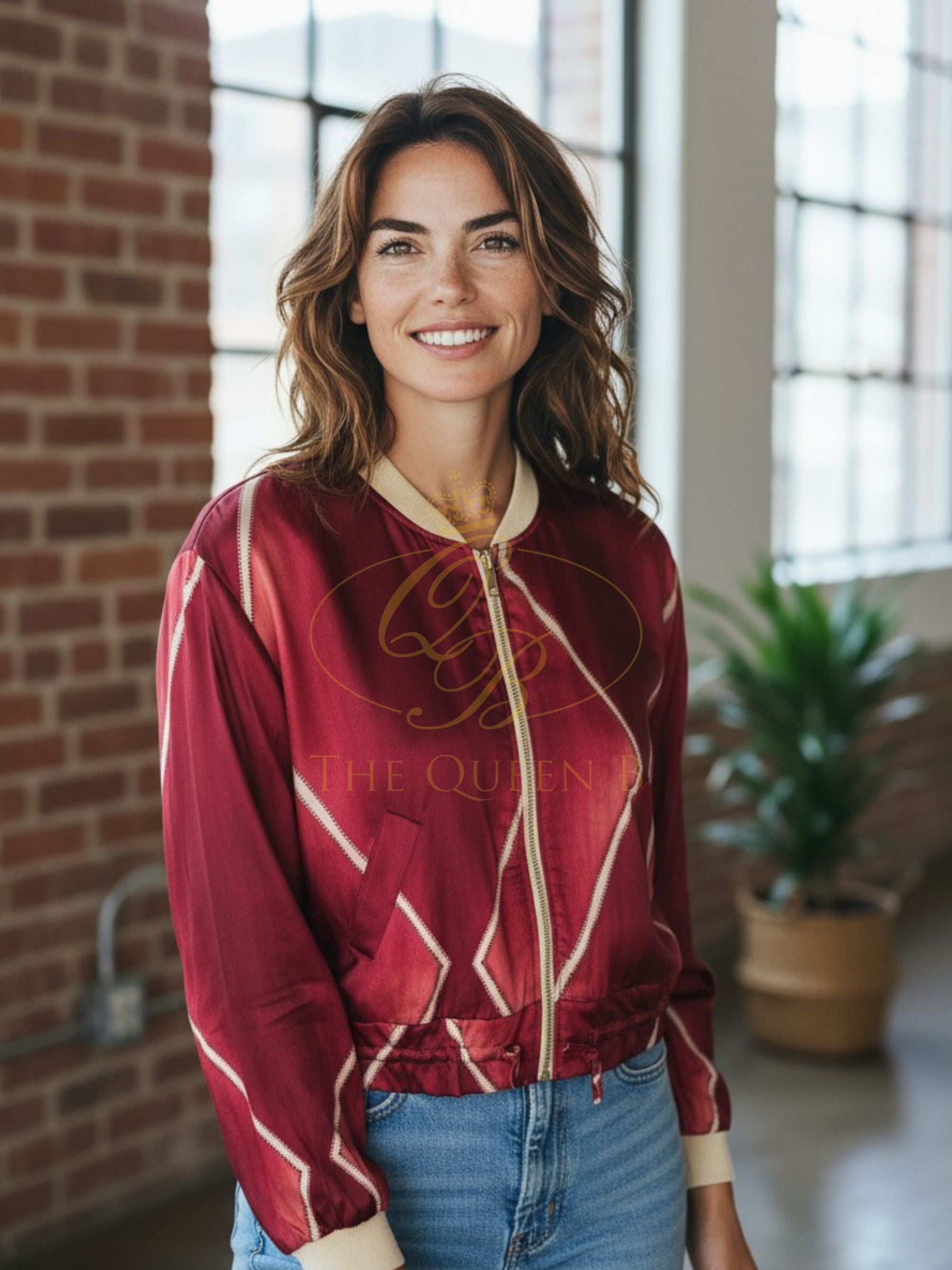 LUXTYLE CELIA Berry Satin Bomber Jacket with contrast ribbed trim, zip fastening and drawstring hem.