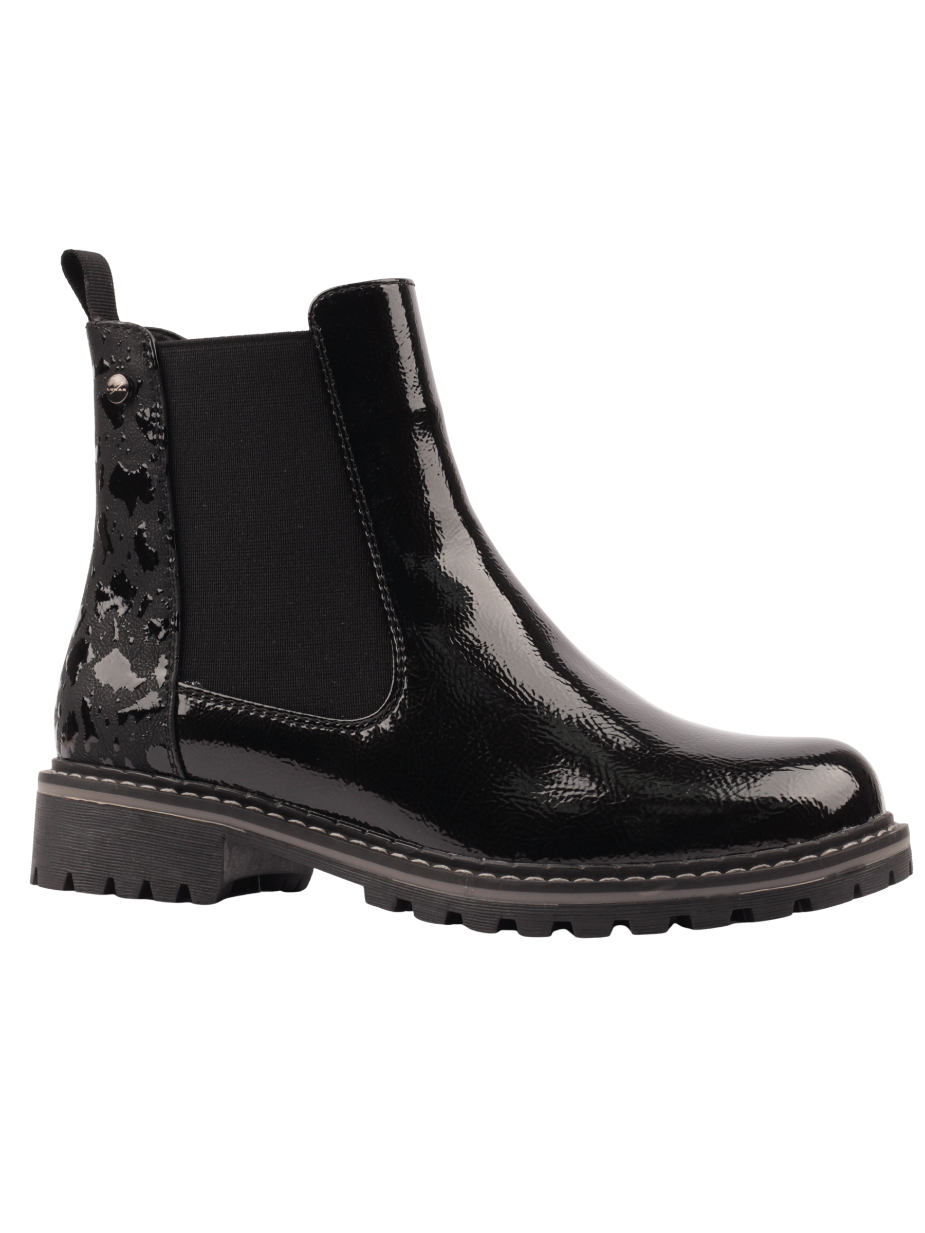 Lunar Bessy Black Patent Ankle Boot with elastic side panel, pull tab, glossy finish and cleated sole