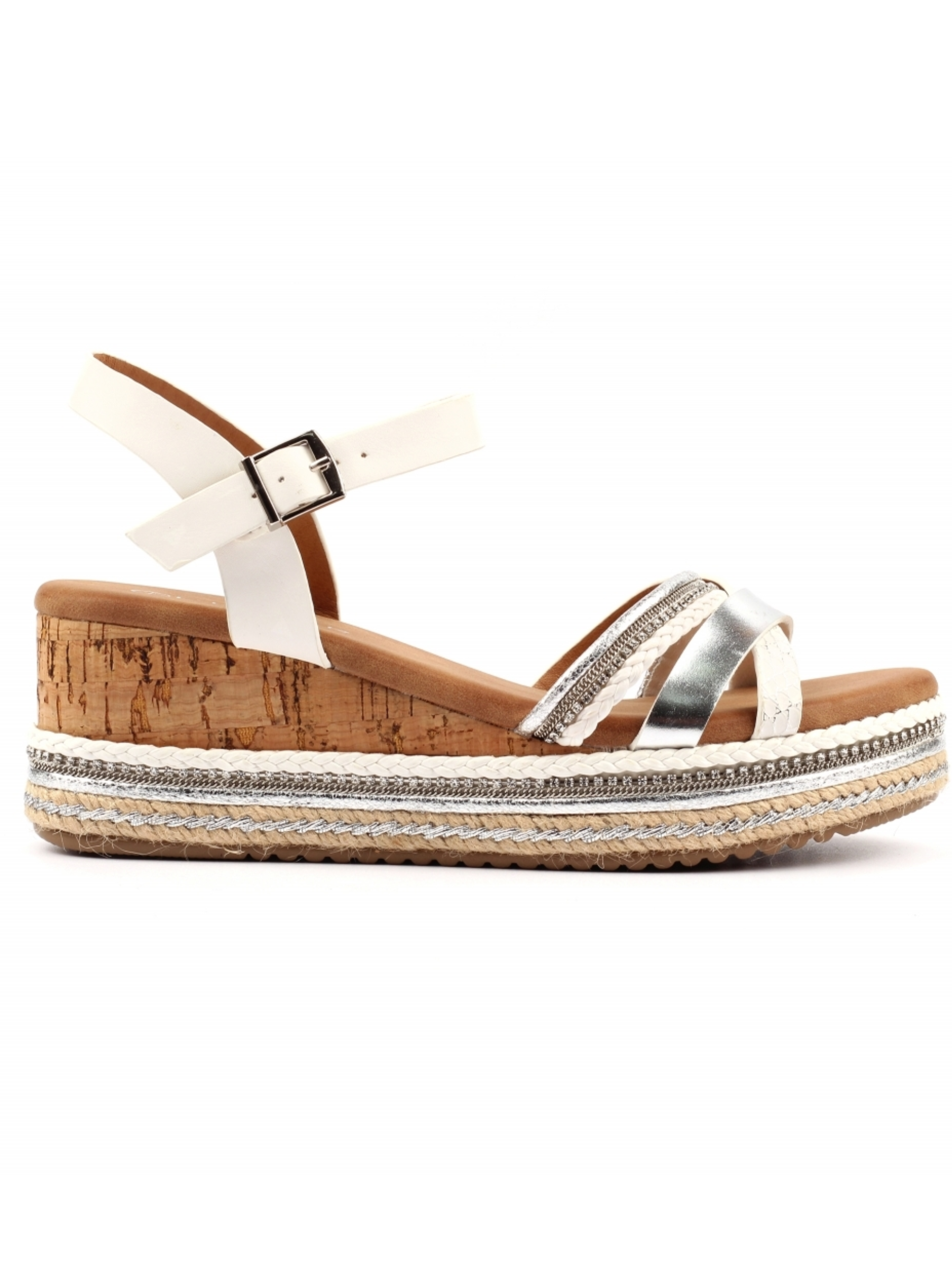 Lunar Donna White Wedge Sandal with overlapping straps, metallic accents and cork-style wedge heel.