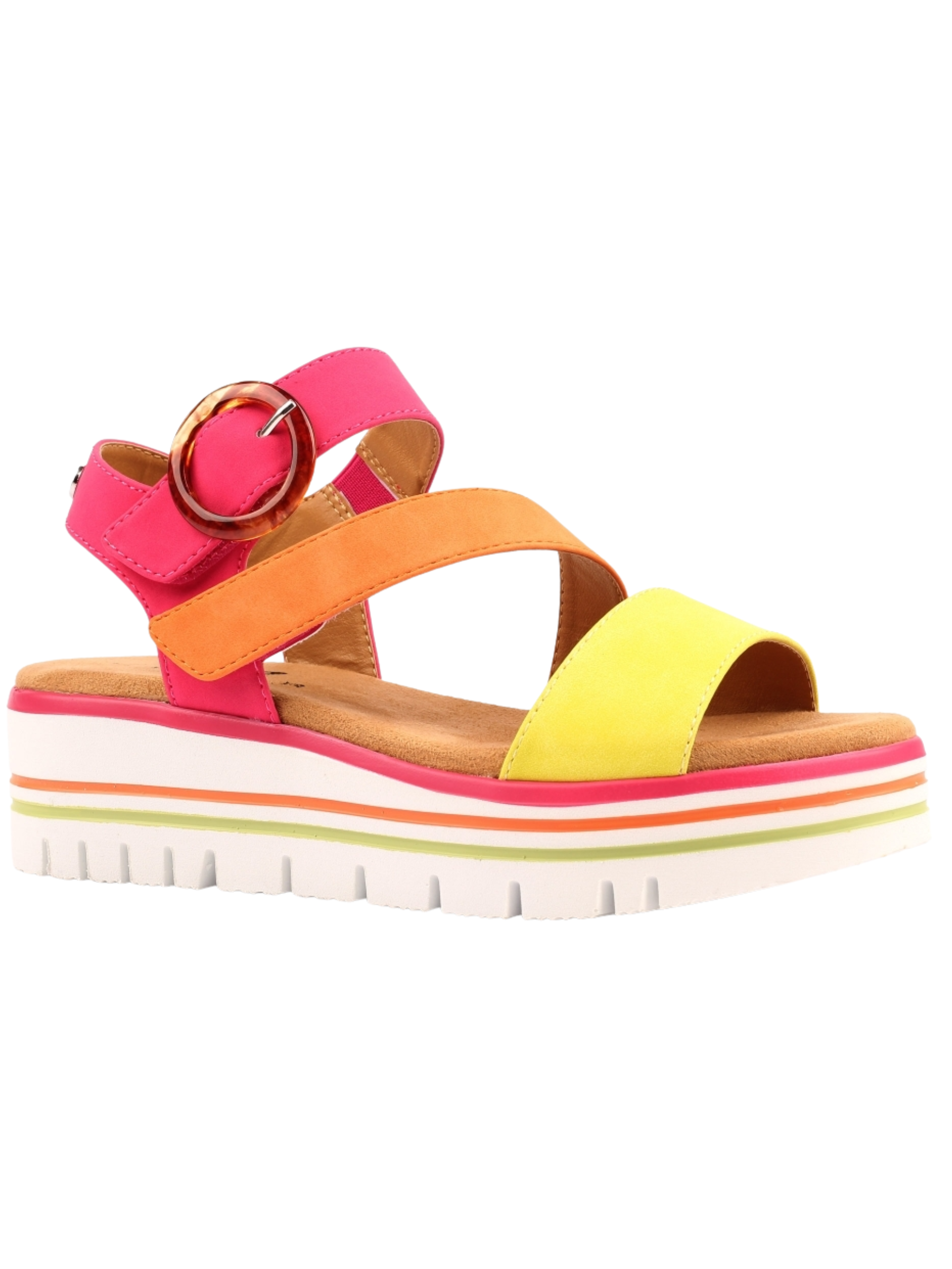 Lunar Issy Fuchsia flatform sandal with colour-block straps, statement buckle detail and cushioned sole.
