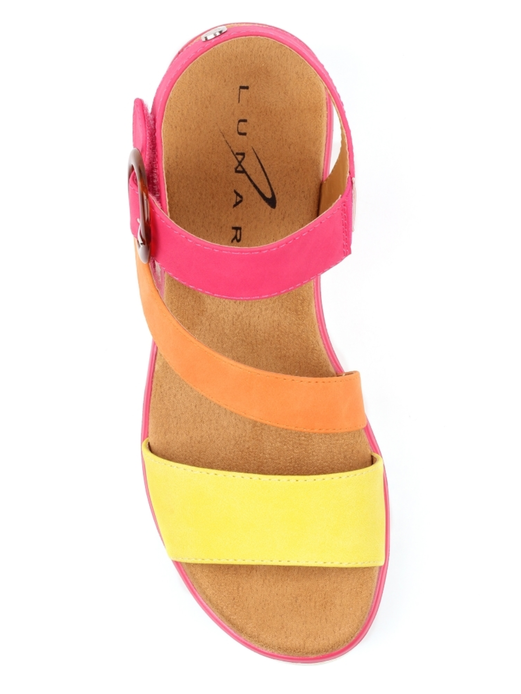 Lunar Issy Fuchsia flatform sandal with colour-block straps, statement buckle detail and cushioned sole.