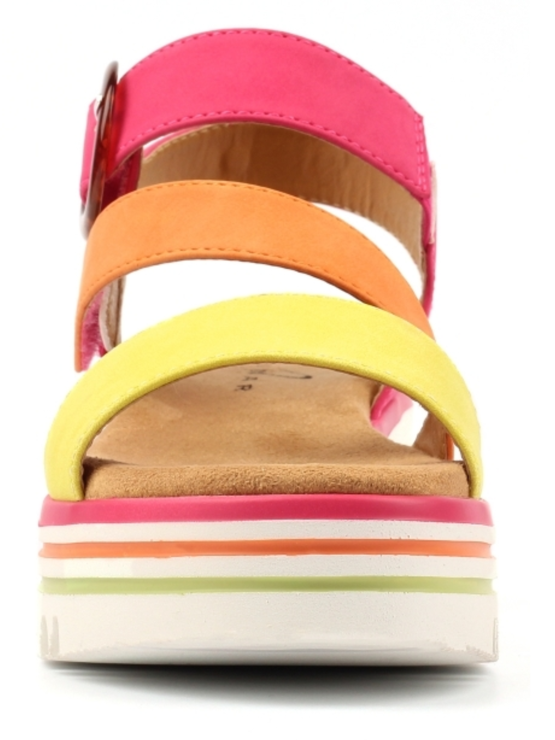 Lunar Issy Fuchsia flatform sandal with colour-block straps, statement buckle detail and cushioned sole.
