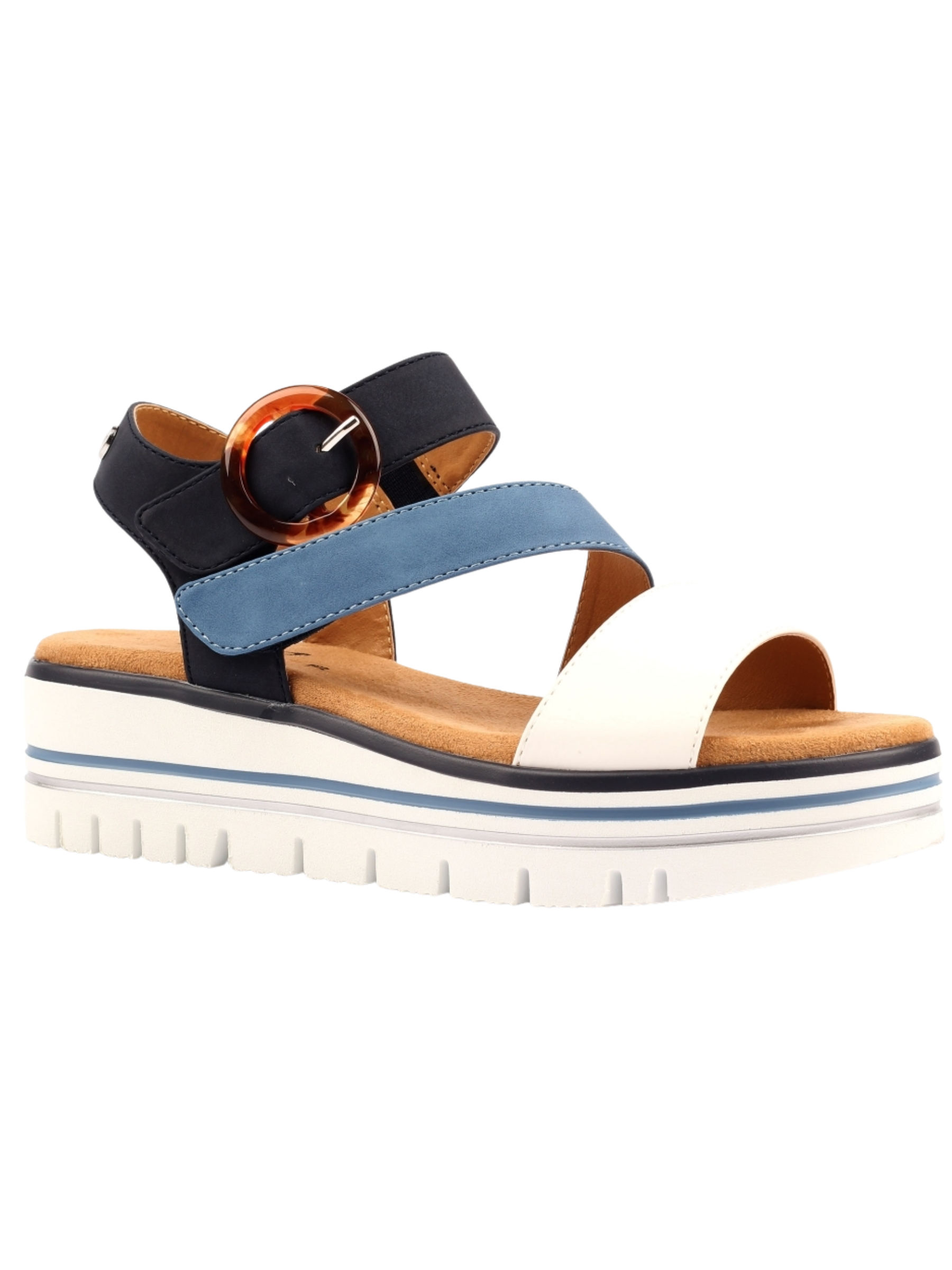 Lunar Issy Navy flatform sandal with colour-block straps, statement buckle detail and cushioned sole.