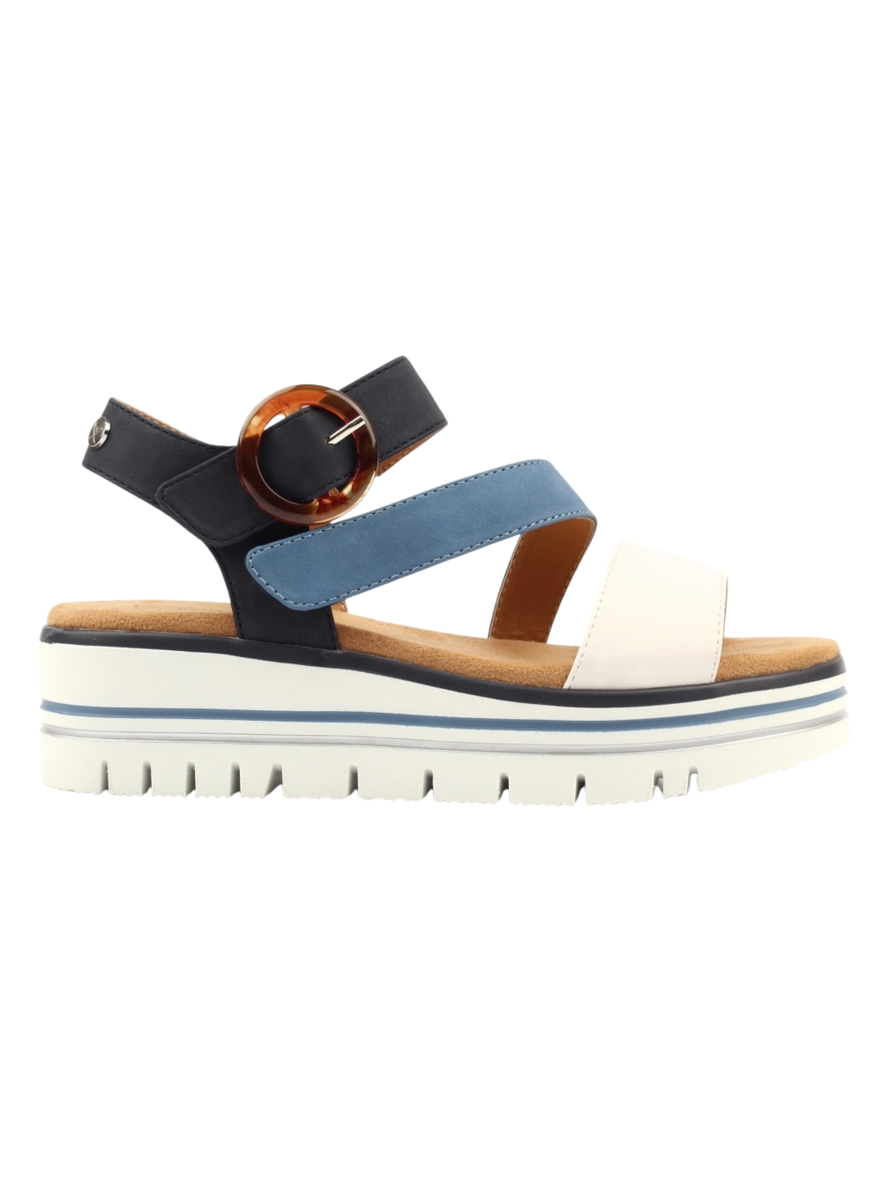 Lunar Issy Navy flatform sandal with colour-block straps, statement buckle detail and cushioned sole.