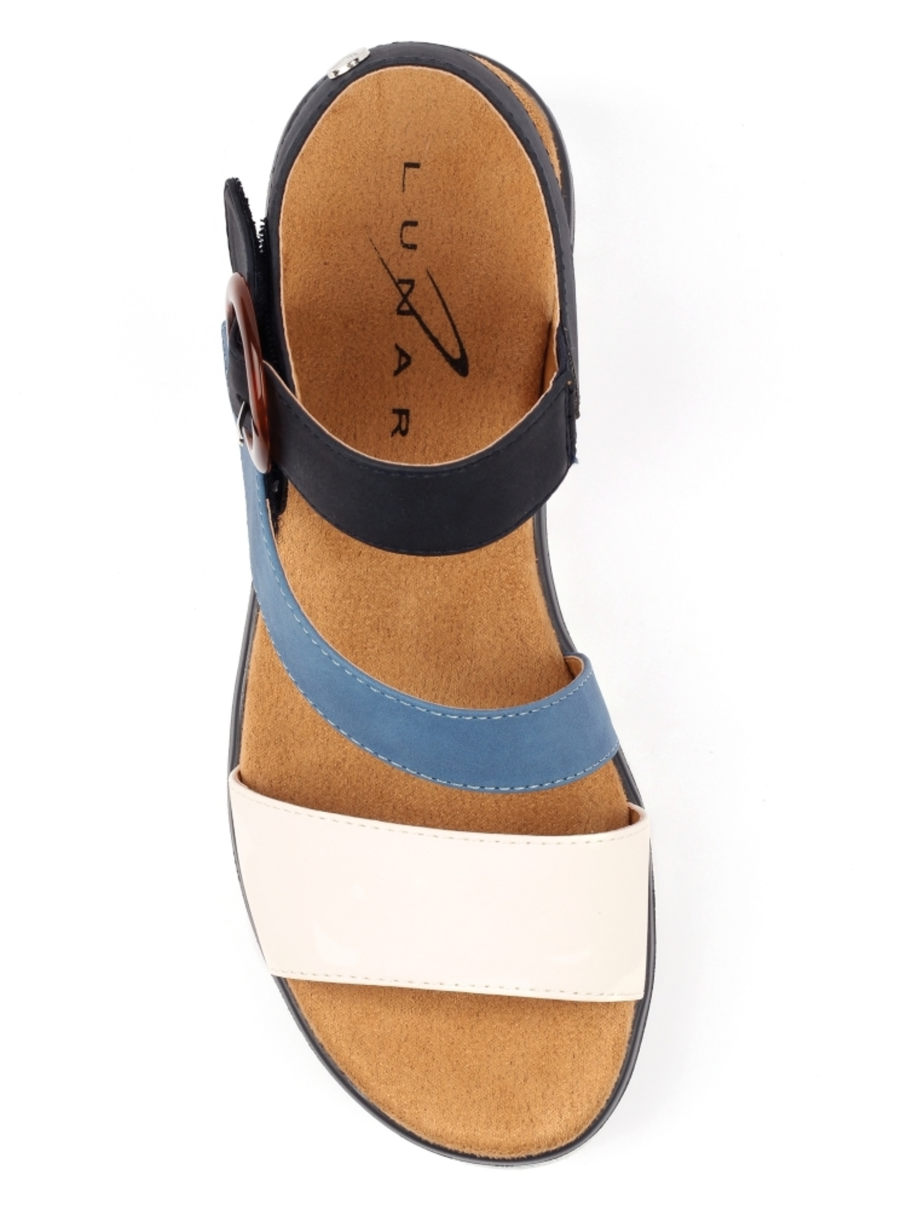 Lunar Issy Navy flatform sandal with colour-block straps, statement buckle detail and cushioned sole.