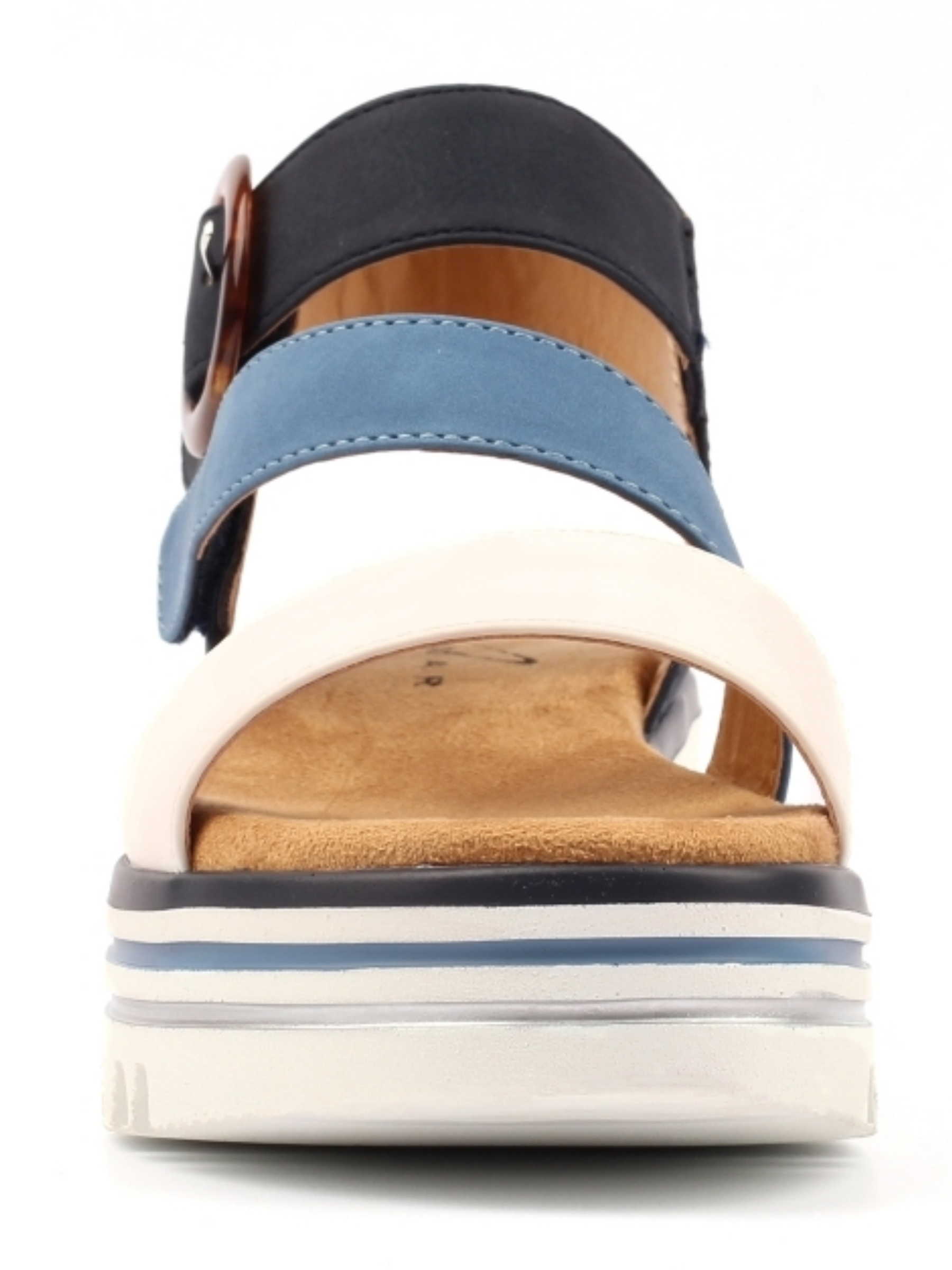 Lunar Issy Navy flatform sandal with colour-block straps, statement buckle detail and cushioned sole.