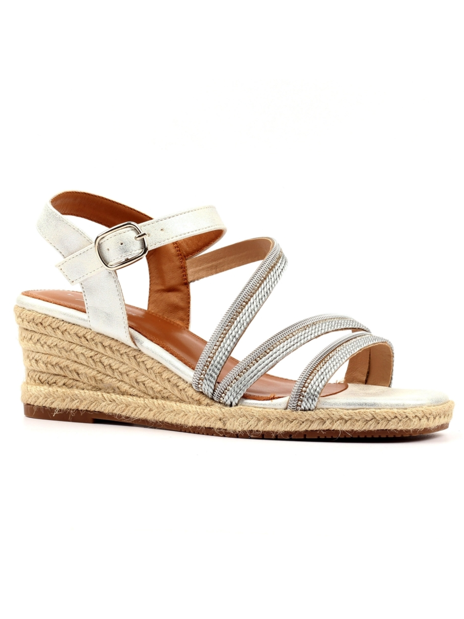 Lunar Izzy Silver Wedge Sandal with metallic straps, espadrille-style wedge heel and adjustable ankle strap.