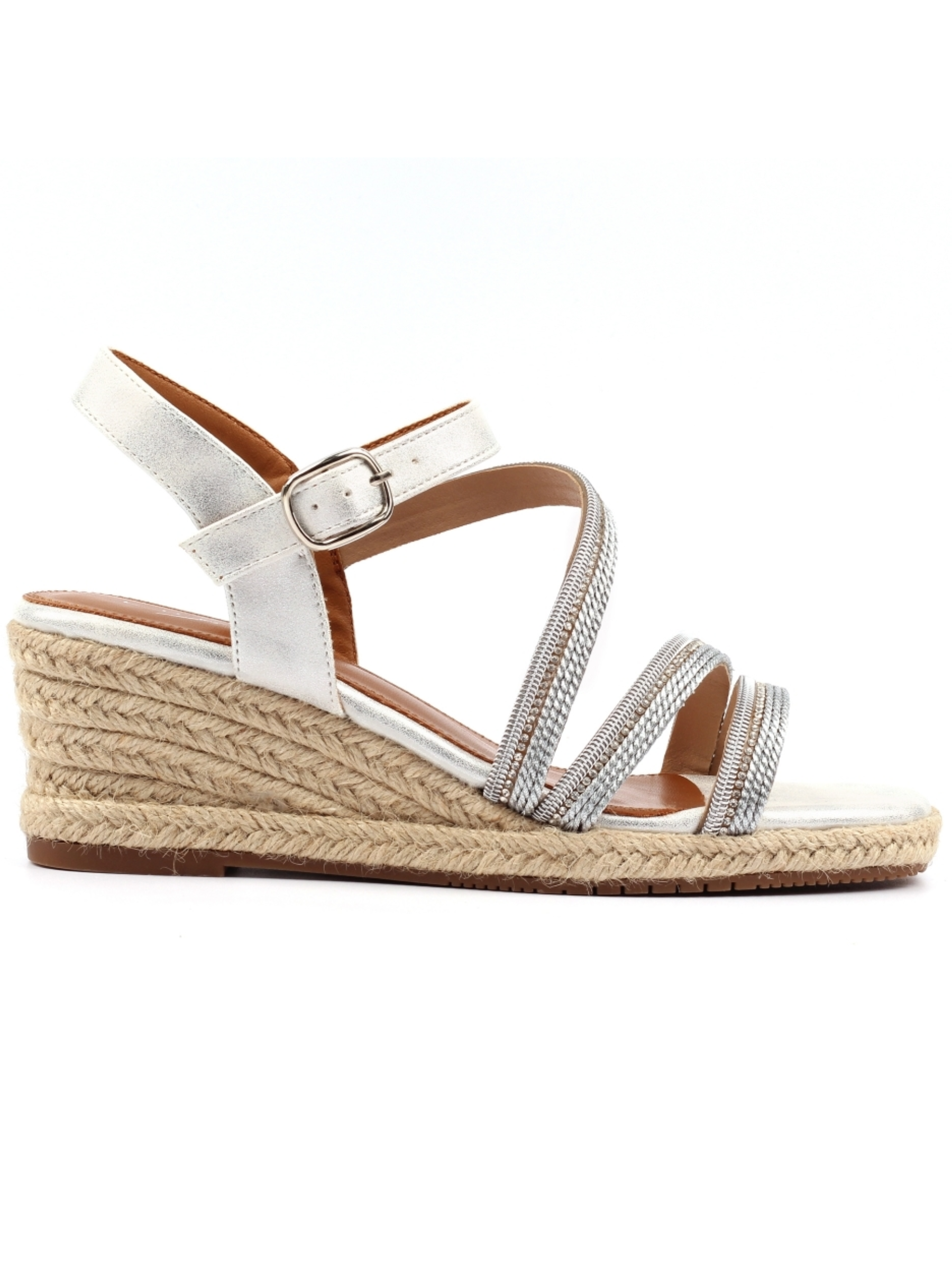 Lunar Izzy Silver Wedge Sandal with metallic straps, espadrille-style wedge heel and adjustable ankle strap.