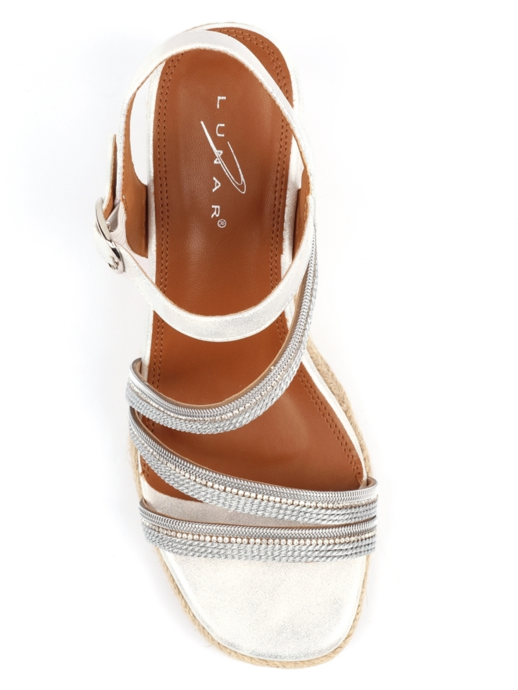 Lunar Izzy Silver Wedge Sandal with metallic straps, espadrille-style wedge heel and adjustable ankle strap.