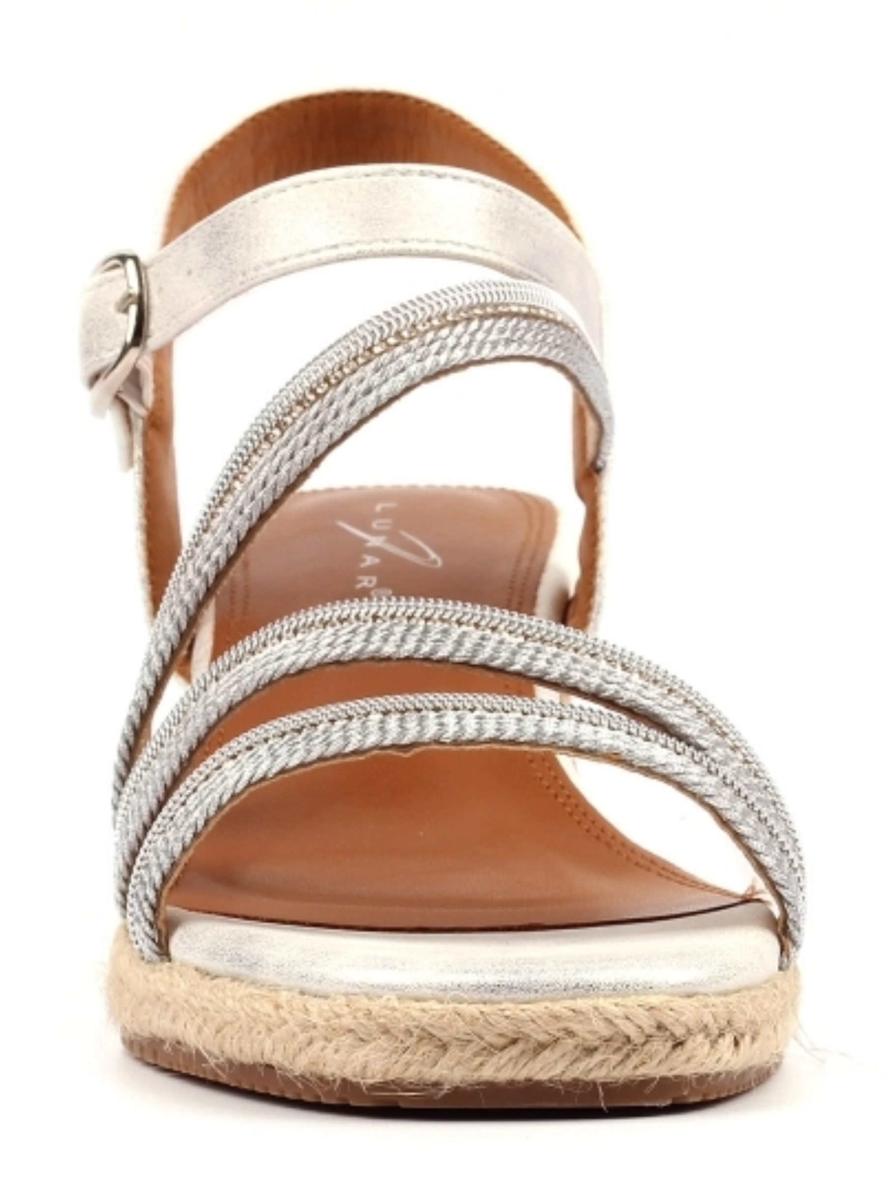 Lunar Izzy Silver Wedge Sandal with metallic straps, espadrille-style wedge heel and adjustable ankle strap.