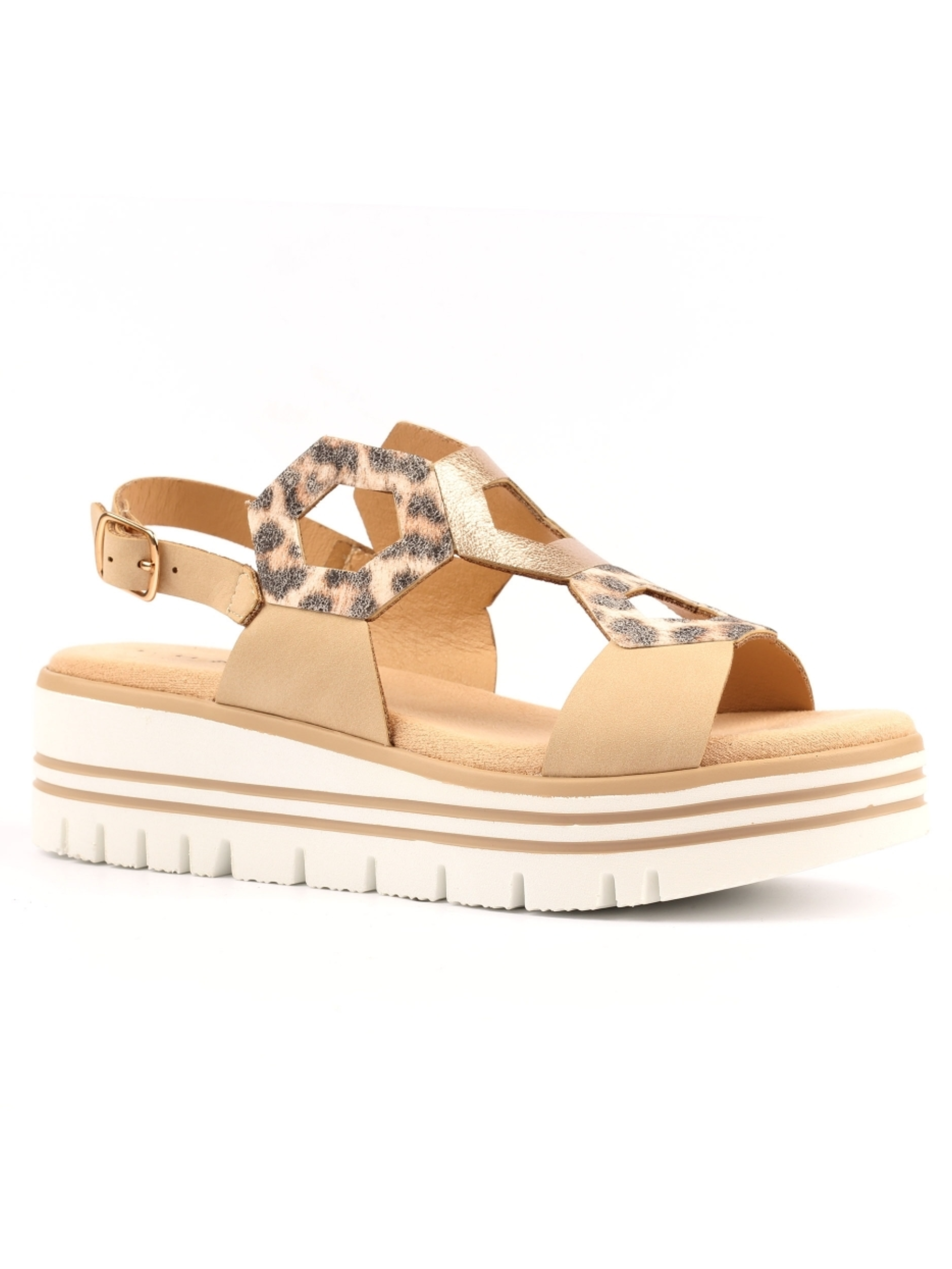 Lunar Jaslene Beige Sandal with honeycomb cut-out straps, animal print detail, ankle strap fastening and flatform sole.