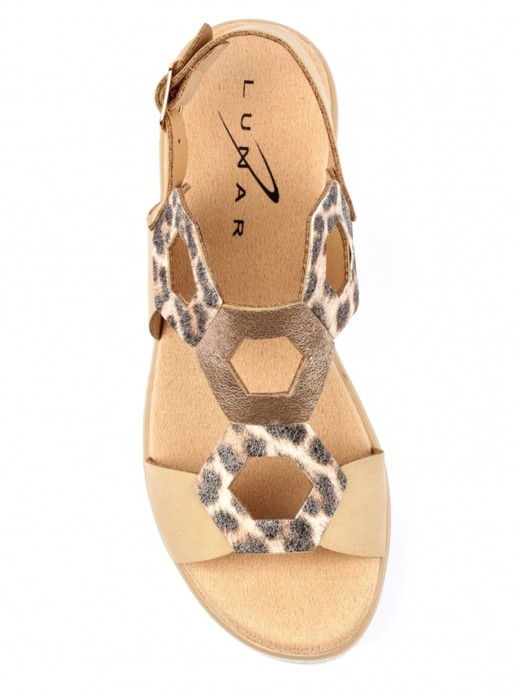 Lunar Jaslene Beige Sandal with honeycomb cut-out straps, animal print detail, ankle strap fastening and flatform sole.