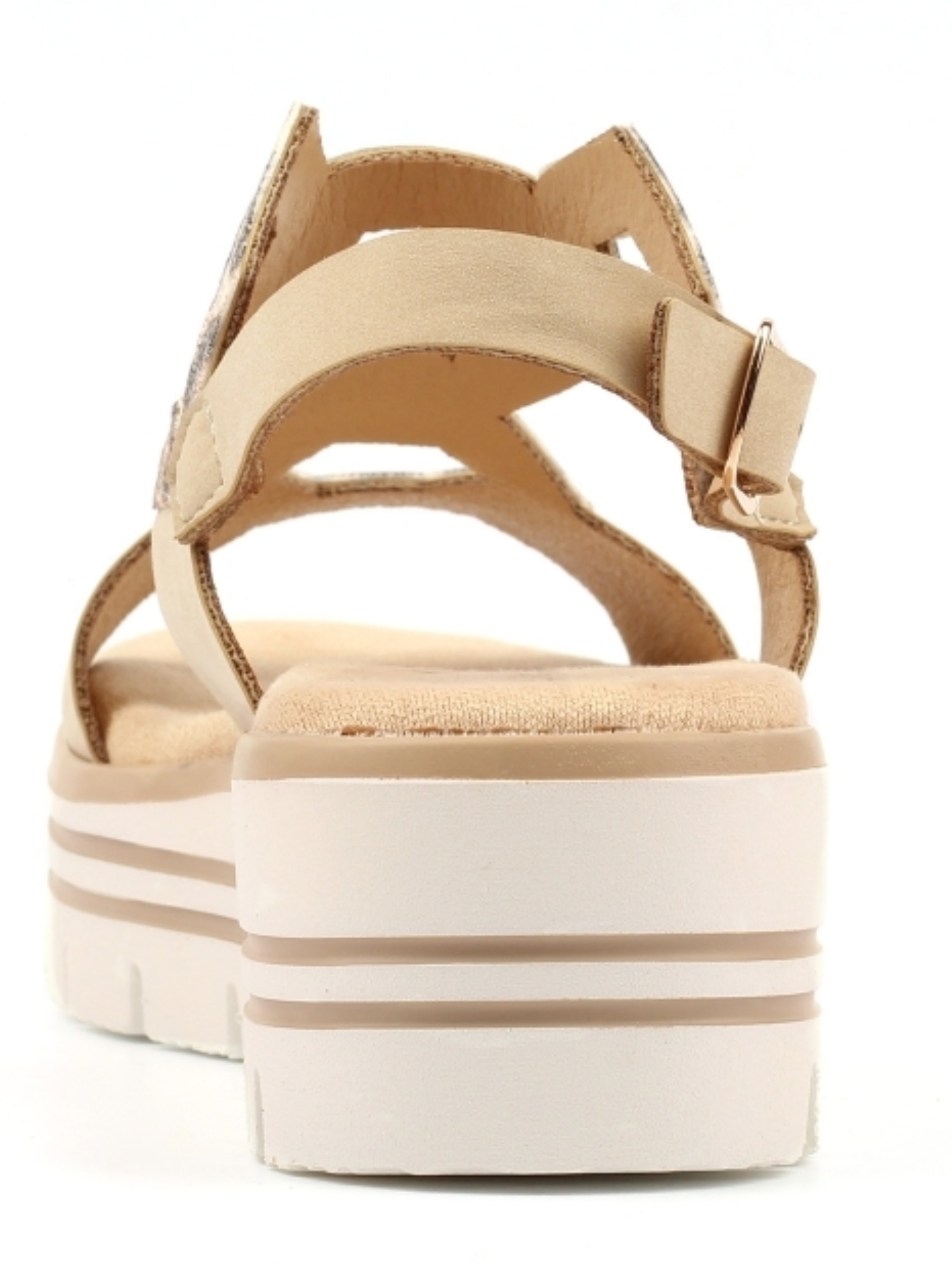 Lunar Jaslene Beige Sandal with honeycomb cut-out straps, animal print detail, ankle strap fastening and flatform sole.