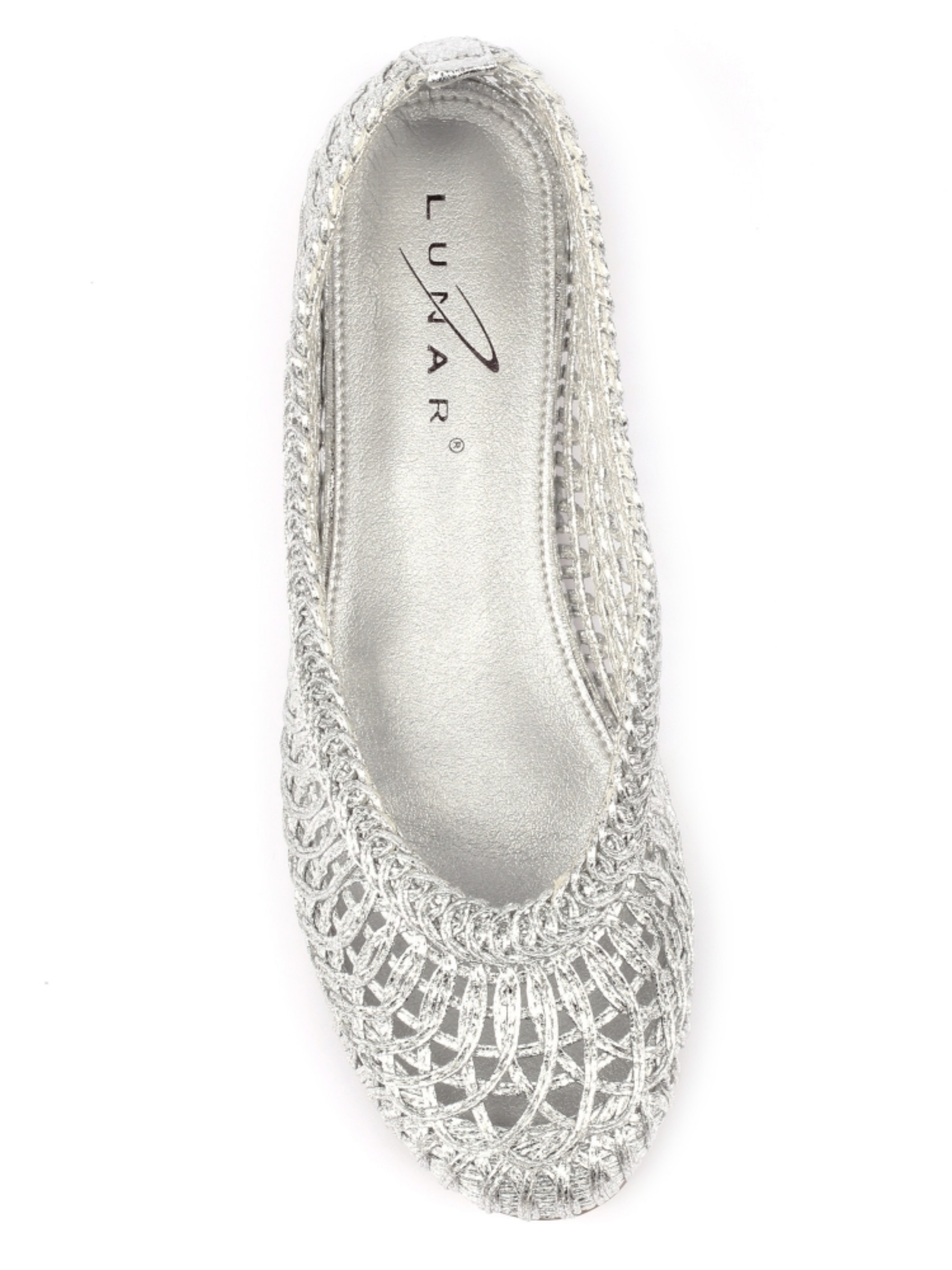 Lunar Keeley Silver Flat with woven metallic upper and slip-on flat silhouette.