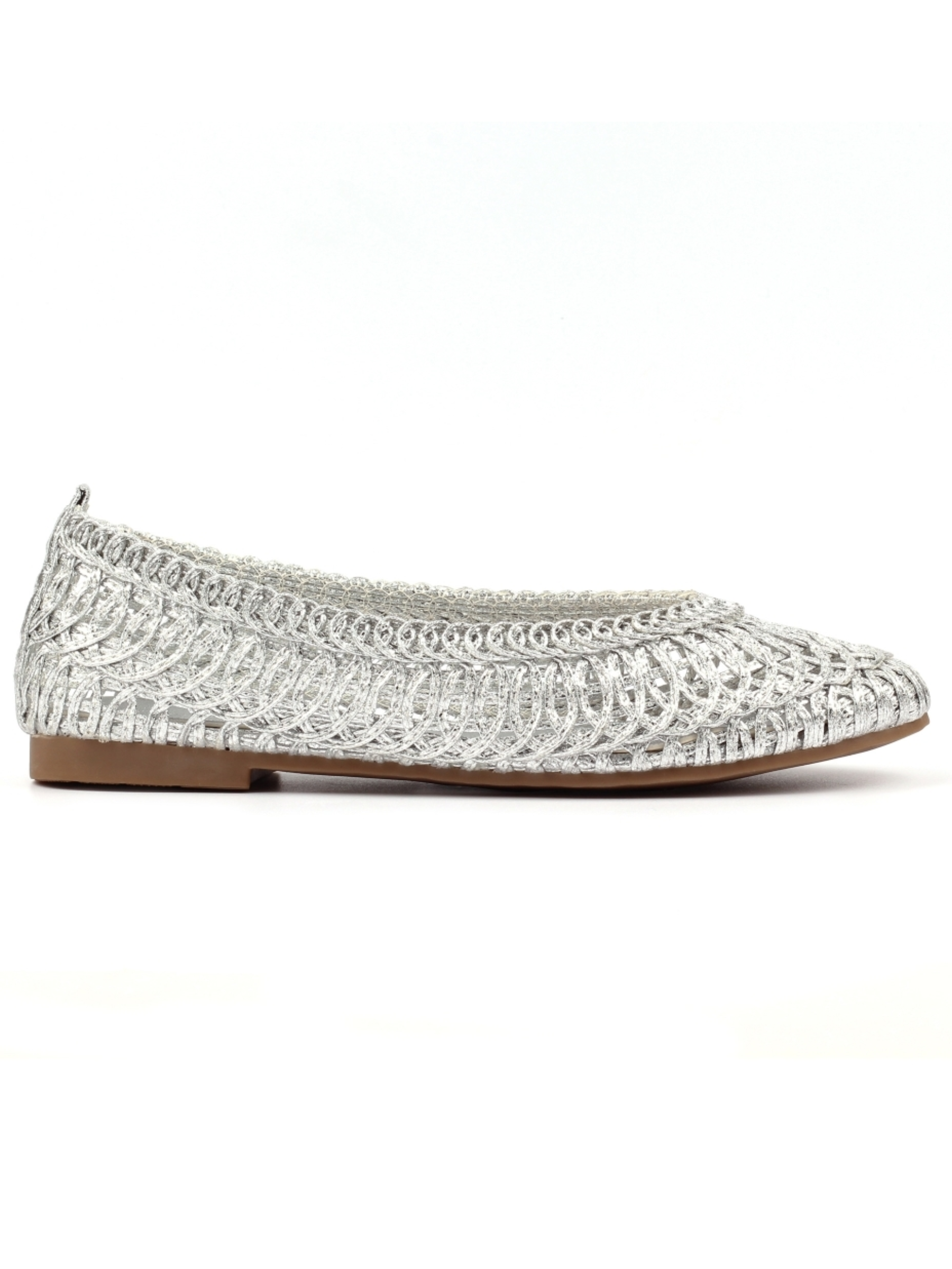 Lunar Keeley Silver Flat with woven metallic upper and slip-on flat silhouette.