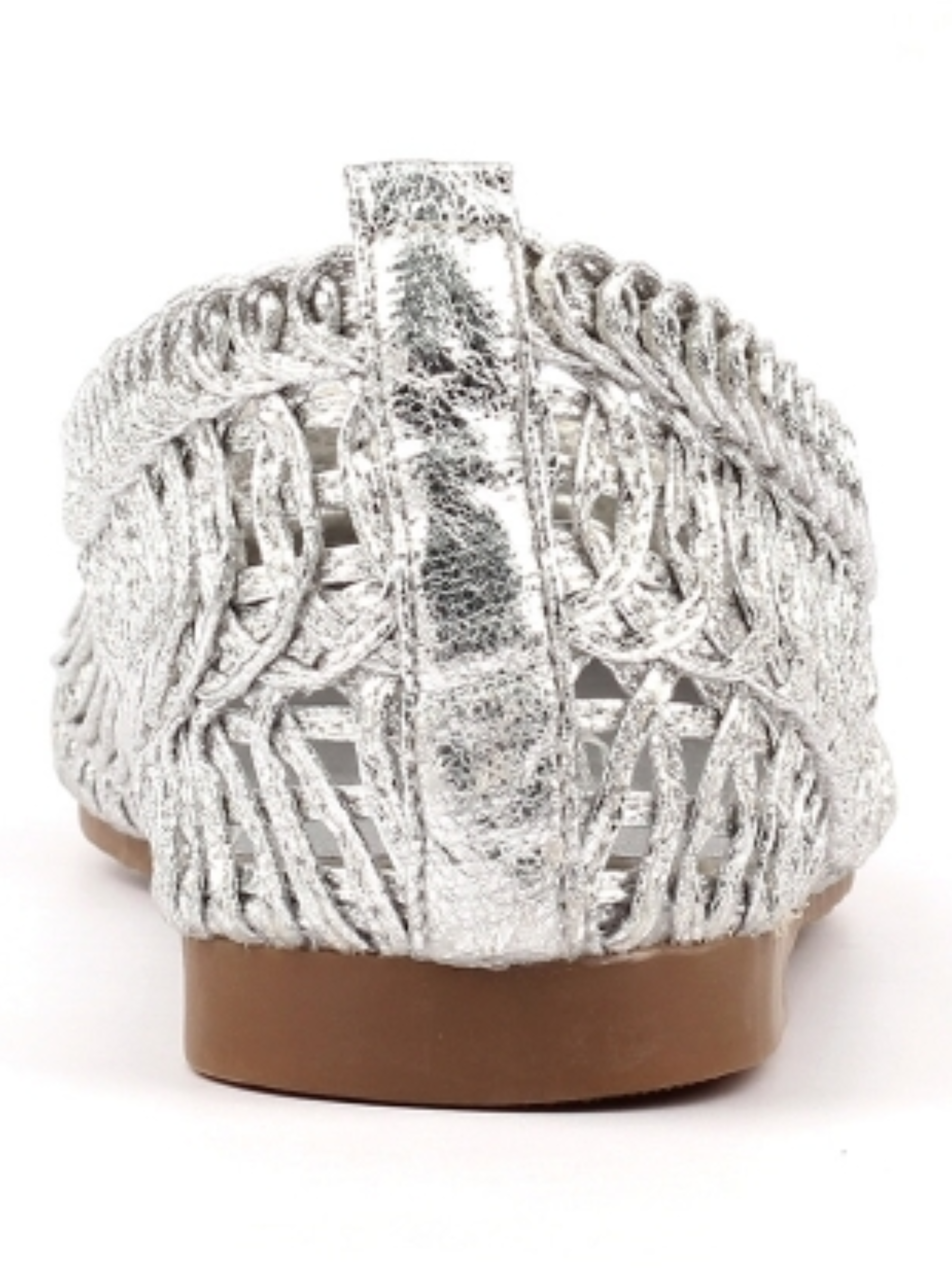 Lunar Keeley Silver Flat with woven metallic upper and slip-on flat silhouette.