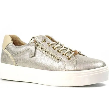 Lunar Xenon Albania gold trainer with white sole and side zip detail – The Queen B Boutique