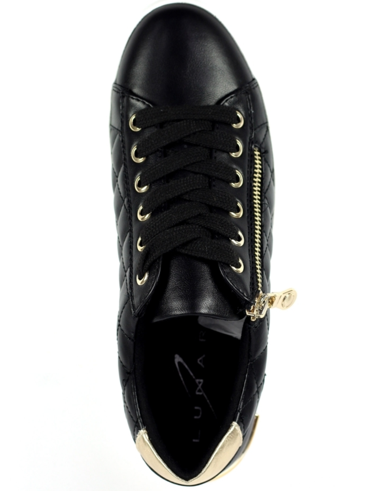 Lunar Xenon Black Trainer with lace-up front, side zip fastening, quilted panels and chunky sole