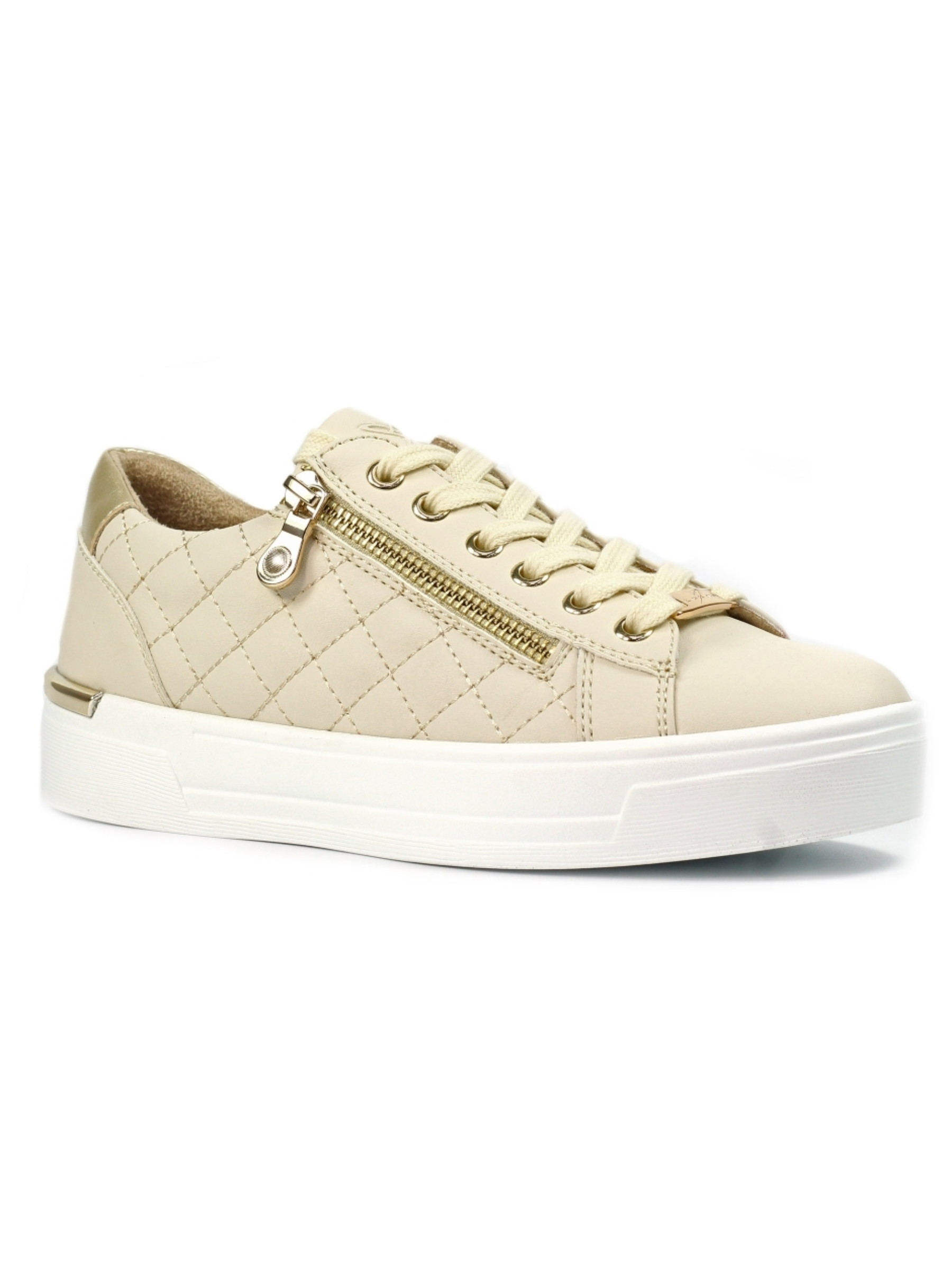 Lunar Xenon Cream Trainer with quilted metallic upper, lace-up front, side zip detail and chunky sole.