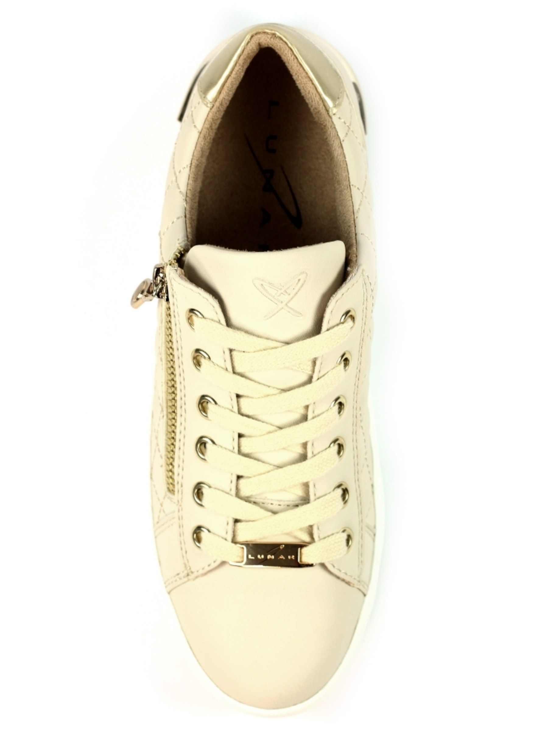 Lunar Xenon Cream Trainer with quilted metallic upper, lace-up front, side zip detail and chunky sole.