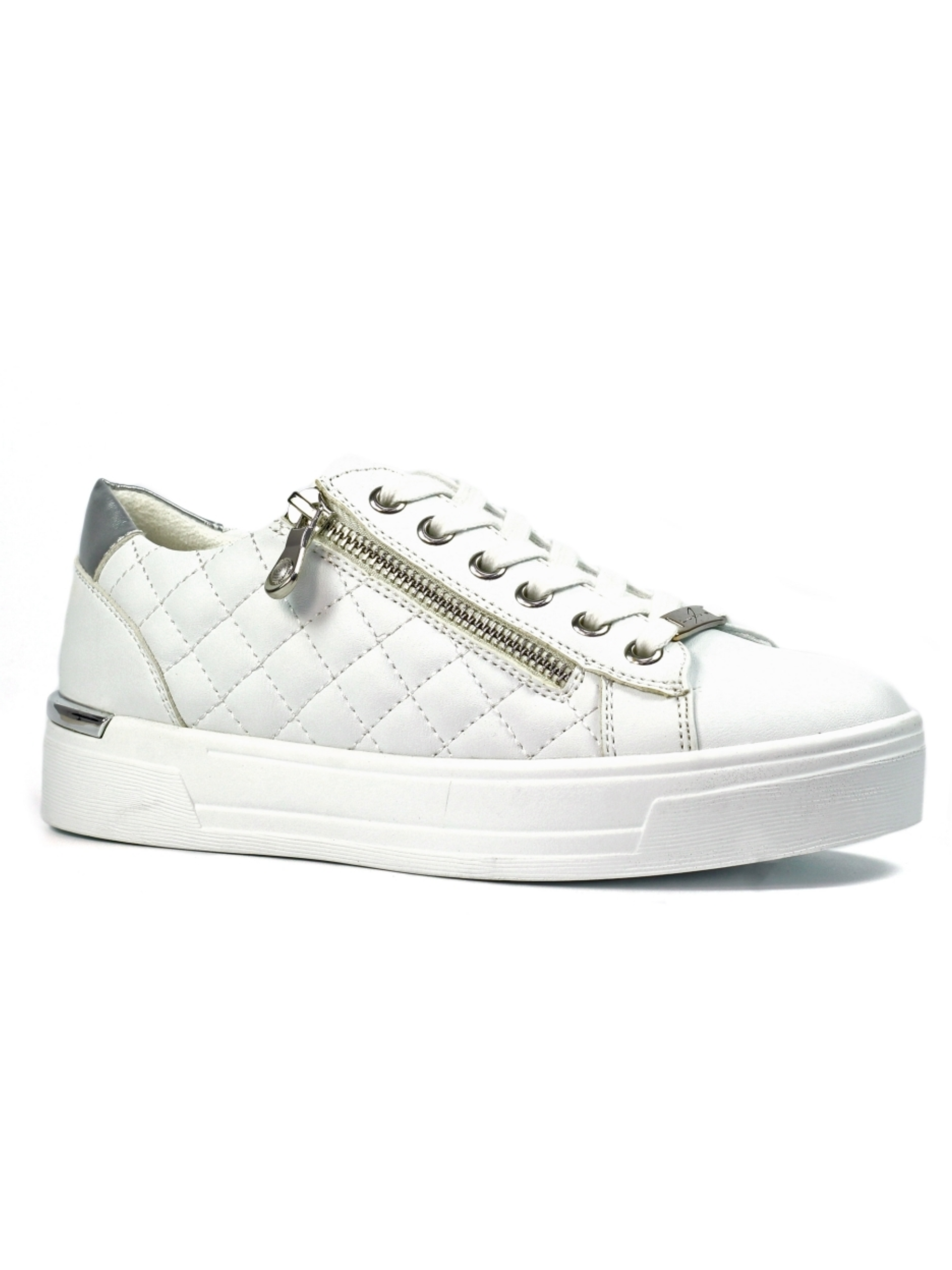 Lunar Xenon White Trainer with quilted metallic upper, lace-up front, side zip detail and chunky sole.