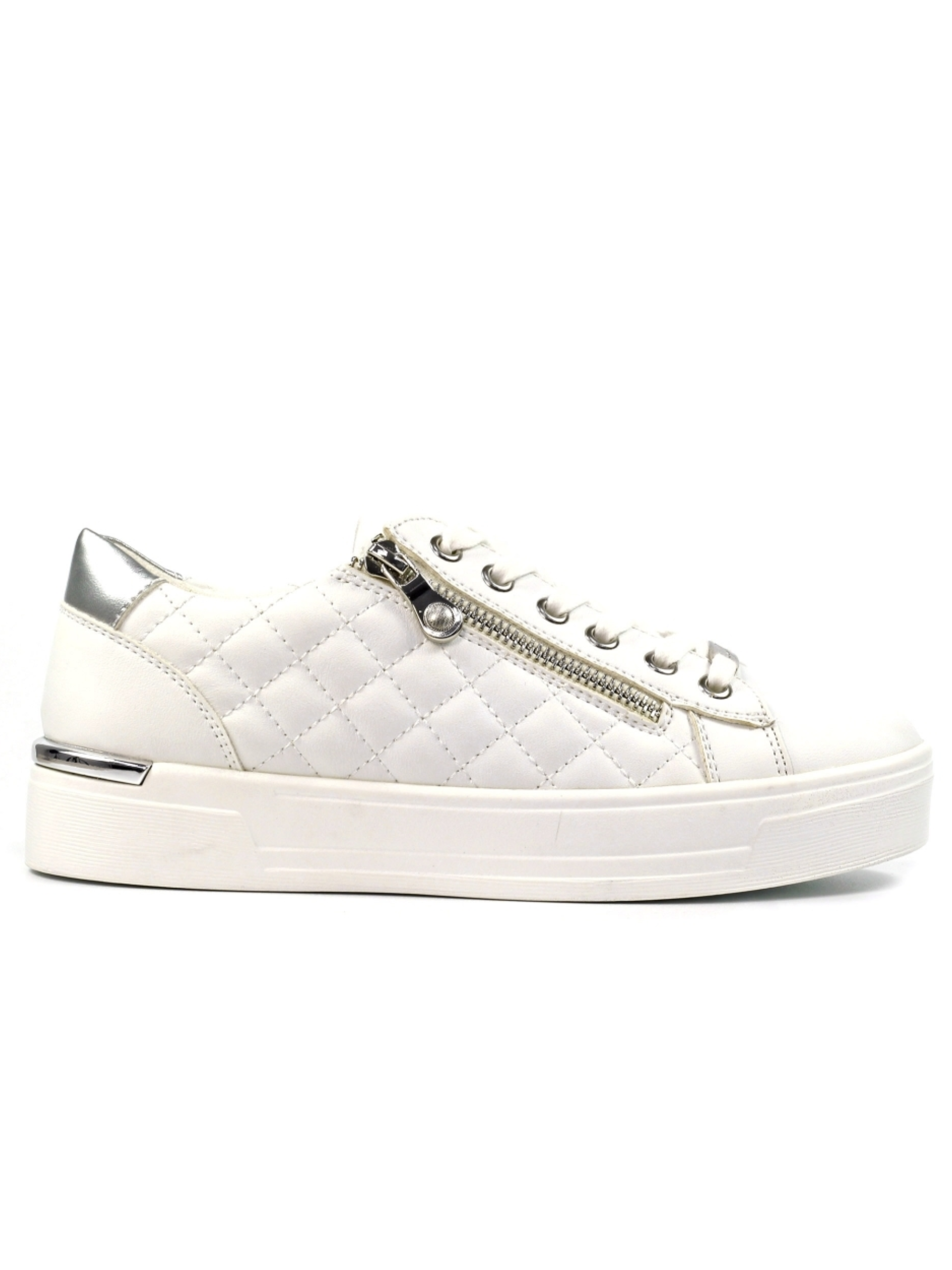 Lunar Xenon White Trainer with quilted metallic upper, lace-up front, side zip detail and chunky sole.