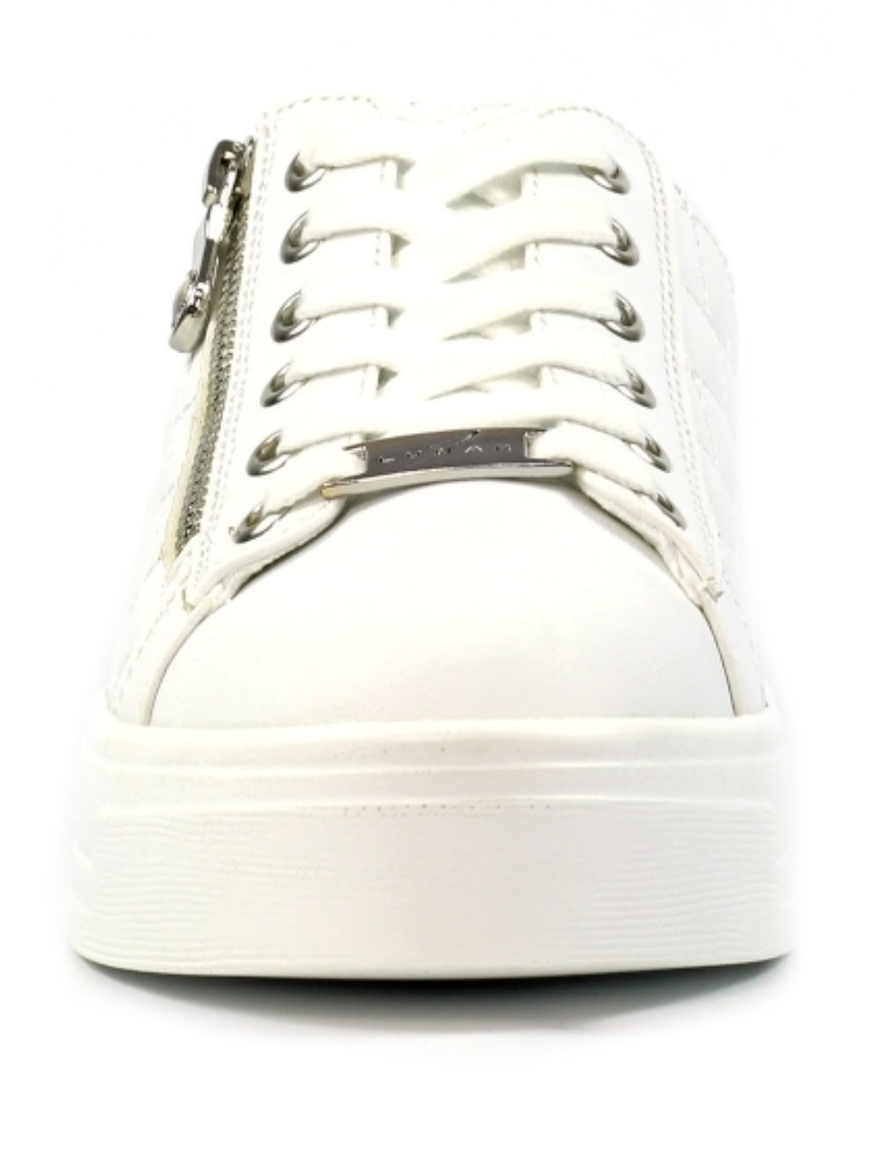 Lunar Xenon White Trainer with quilted metallic upper, lace-up front, side zip detail and chunky sole.