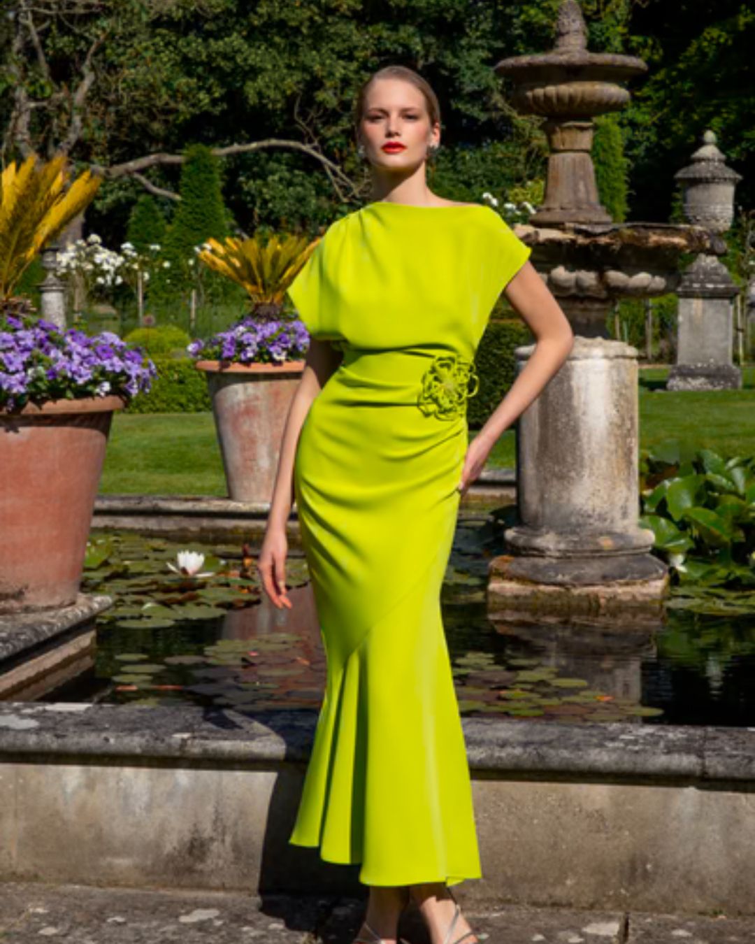 Maisonel ME0006 Lime Dress – women’s asymmetric lime green occasion dress with floral waist detail and fluted hemline, perfect for weddings and formal eve