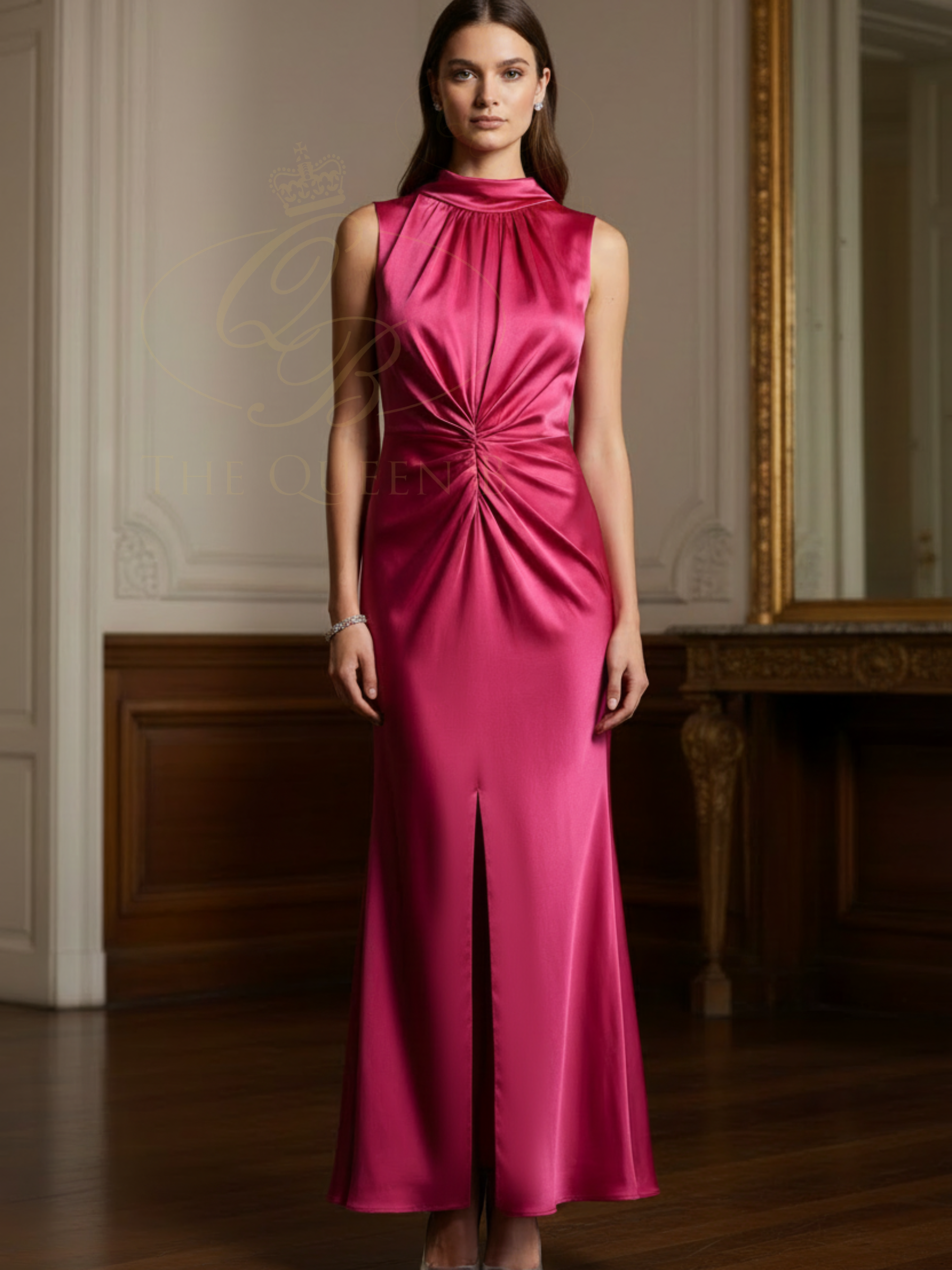 Maisonel ME3113 Cherry Pink Dress -elegant high neck straight midi dress with floral detail and gathered waist, perfect for weddings, formal occasions and evening events.