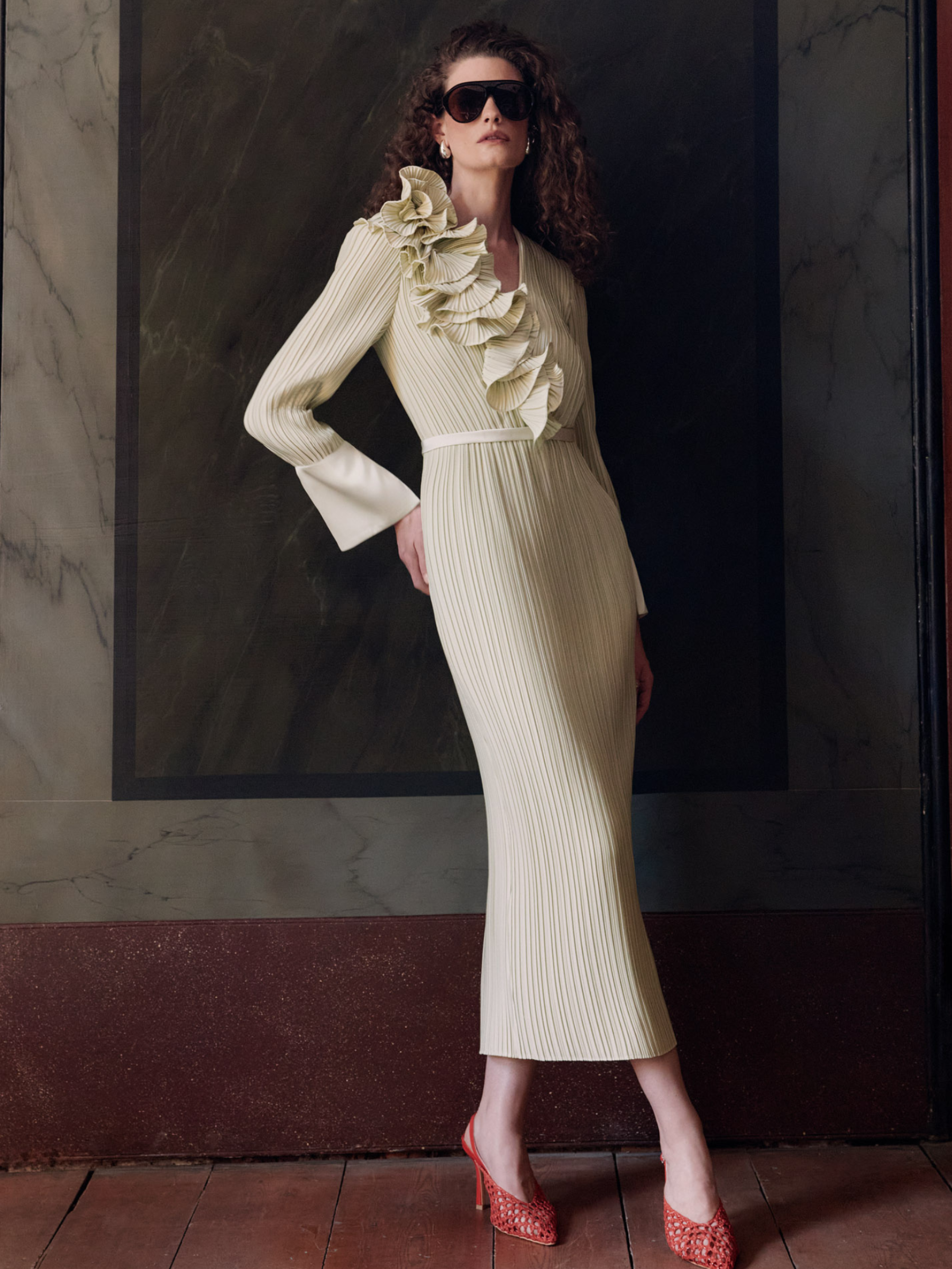 Maisonel ME3147 Lemonade Dress – lightweight crepe pleated straight midi dress with long sleeves and statement ruffle detailing, perfect for weddings, formal occasions and elegant events.