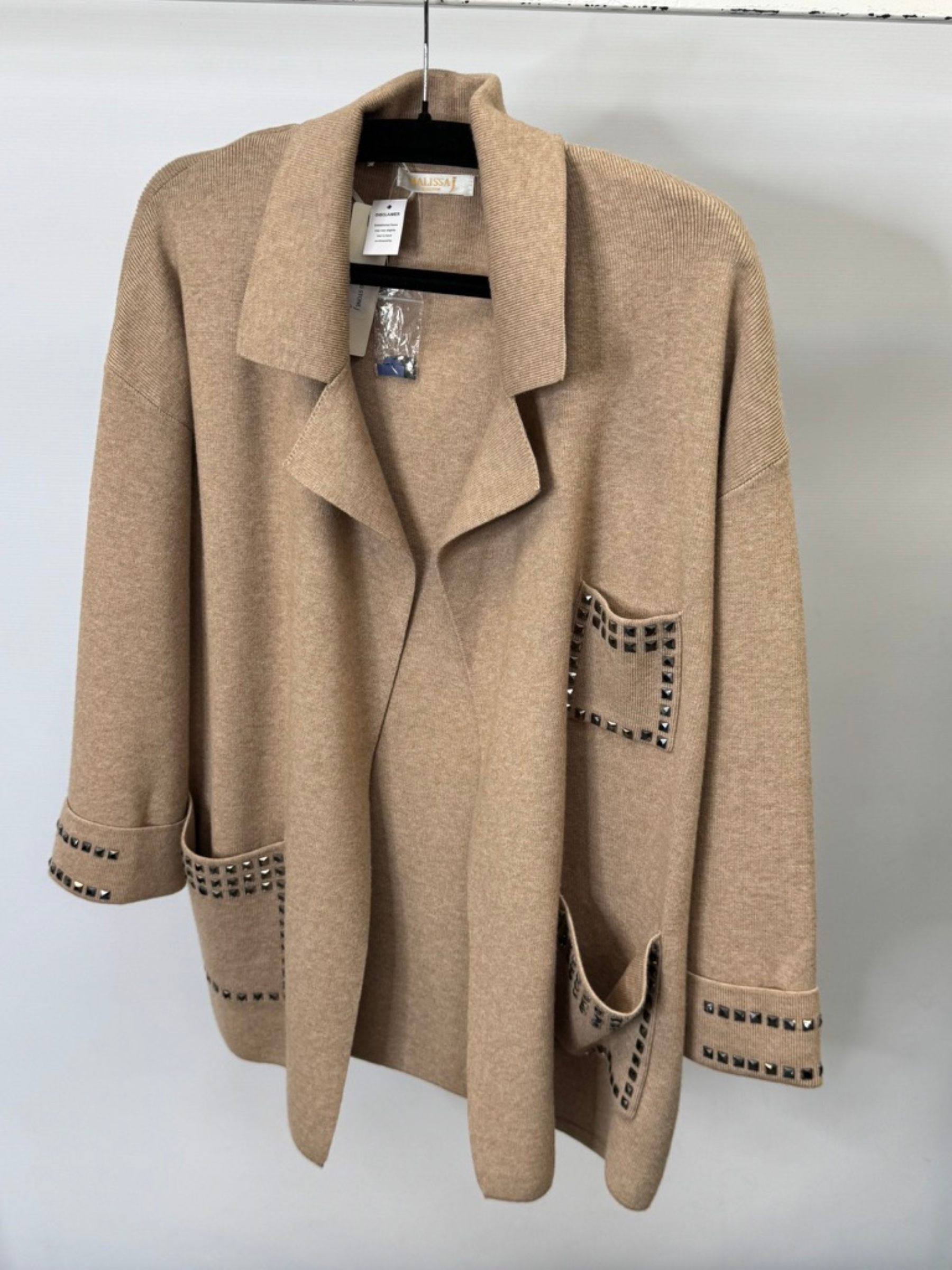 Malissa J WF2640 stone reversible studded cardigan with pocket and cuff detail—women’s versatile knitwear layering piece.