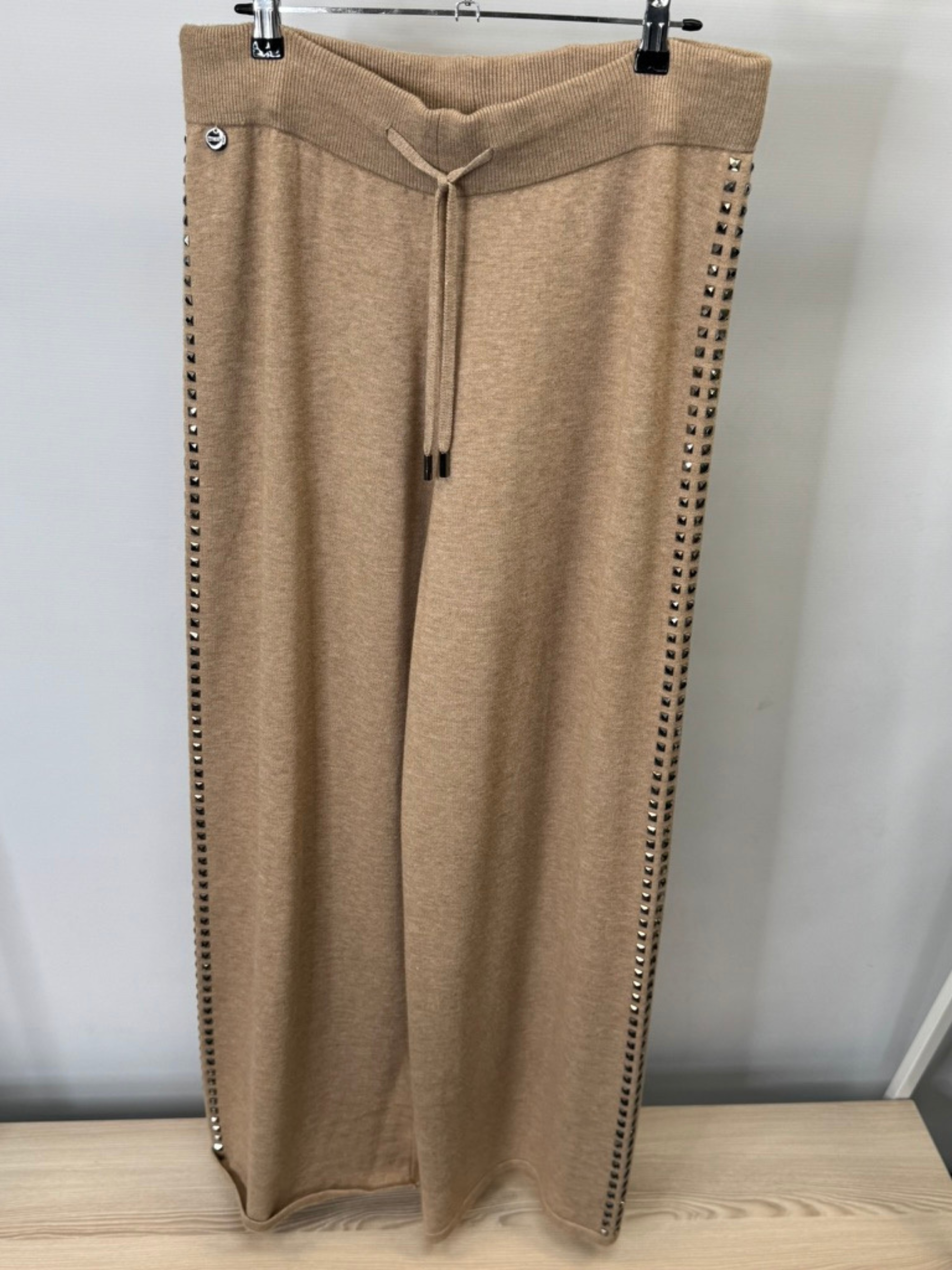 Malissa J WF2643 stone studded knit wide-leg trousers with side embellishment—women’s designer-inspired knitwear loungewear