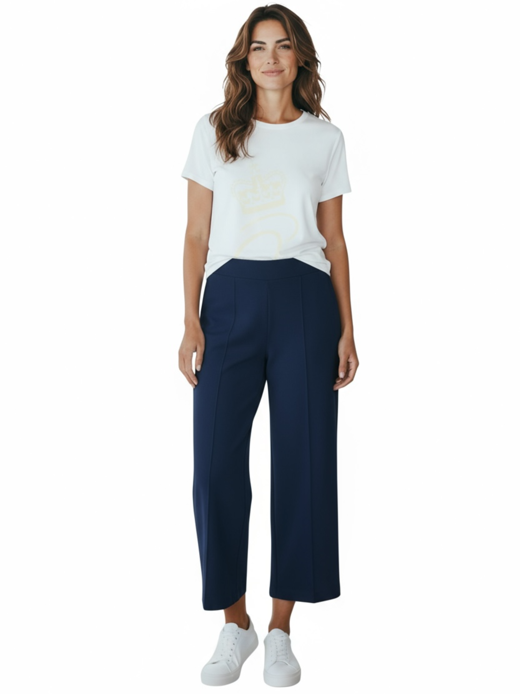Malissa J ASH-30 Navy Wide Leg Ponte Trousers – women’s pull-on ponte trousers with elasticated waistband and wide-leg fit. Inside leg 30 inches. Perfect for work or casual wear.