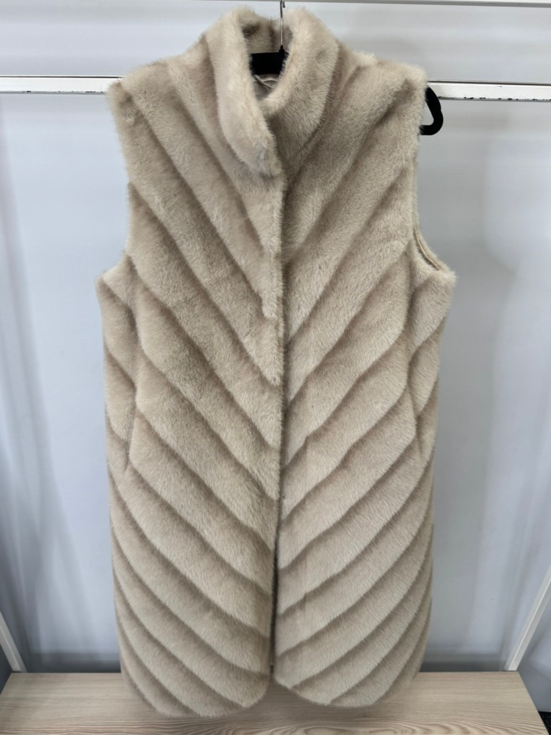 Malissa J GC20523 Stone Longline Gilet -women’s faux fur sleeveless stone gilet with chevron swirl design, elegant layering piece.
