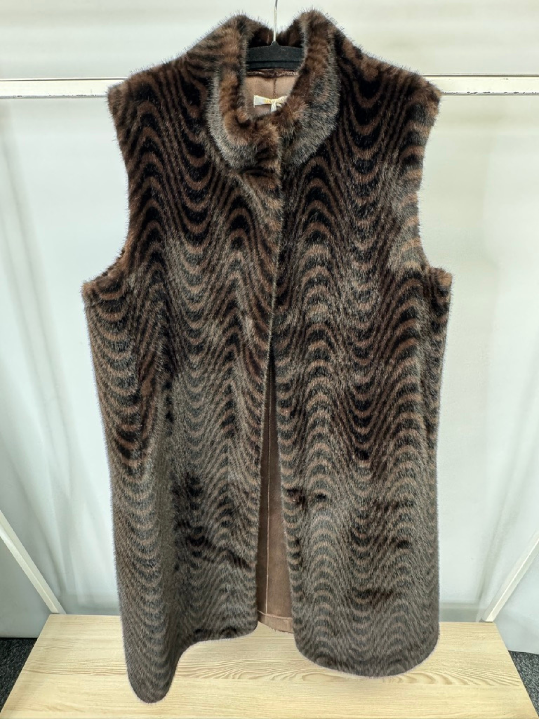 Malissa J GC20523 Swirl Longline Gilet - women’s faux fur sleeveless brown longline gilet with swirl pattern, luxury layering piece.