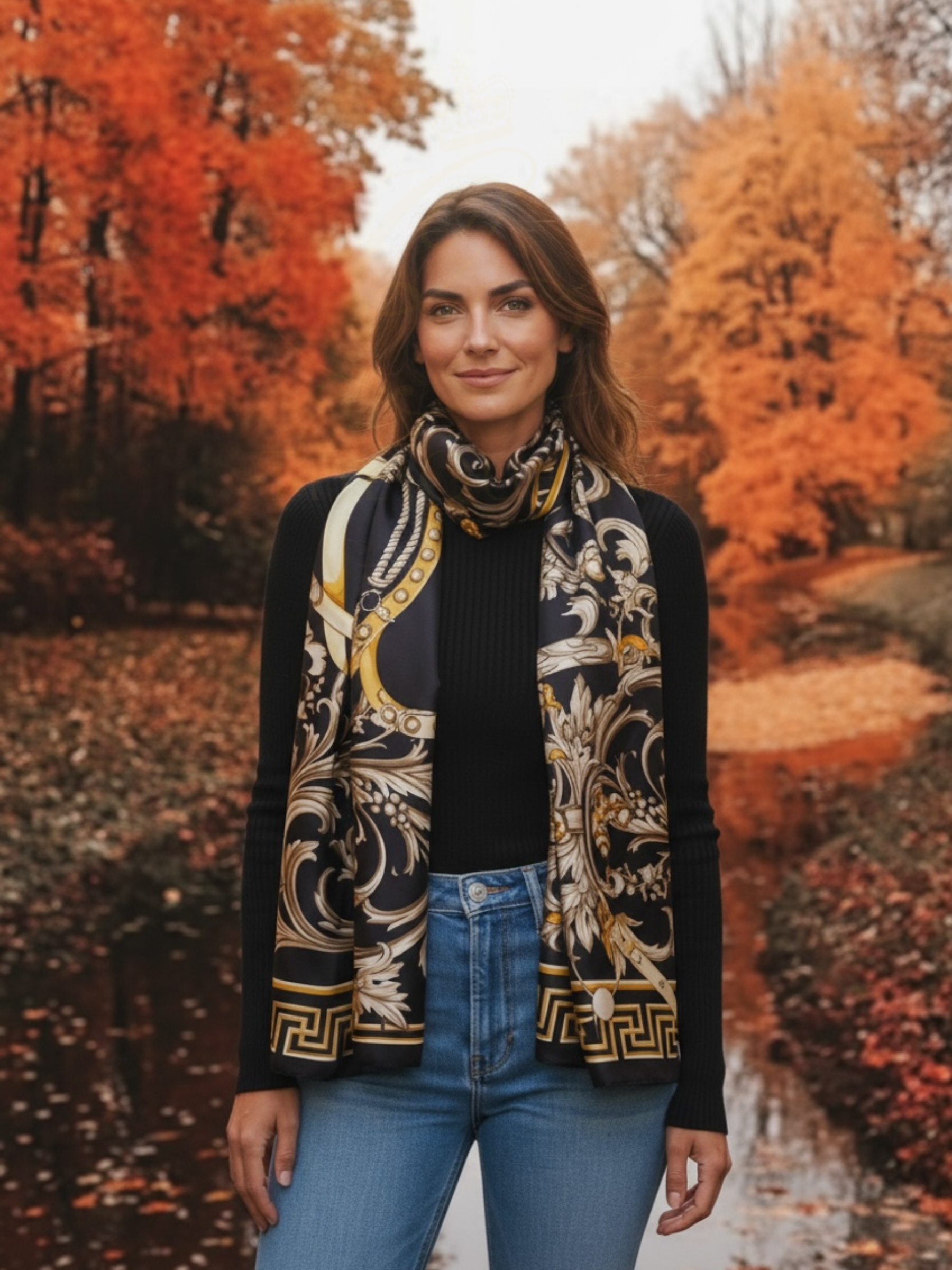 Malissa J GC21256 Black Geo Design Printed Satin Scarf – luxury women’s satin scarf with gold and ivory baroque geometric print. Elegant lightweight accessory perfect for day-to-night styling.