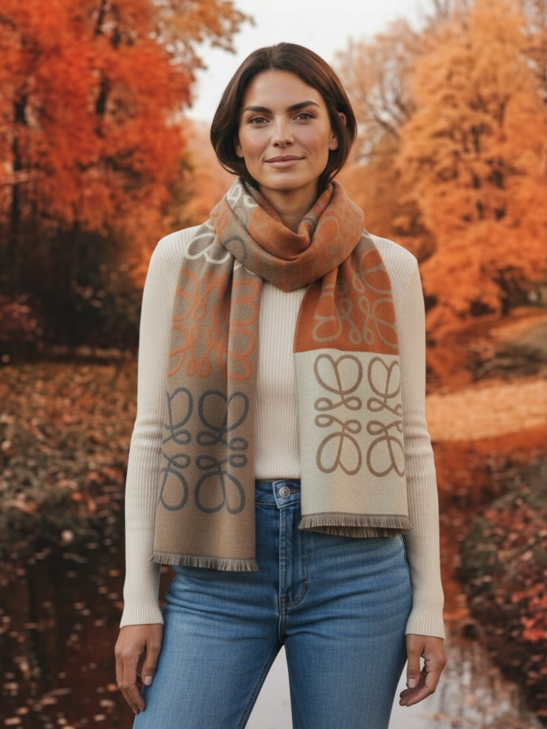 Malissa J GC21278 Taupe Stone Reversible Scarf with Loopy Design Print – women’s reversible winter scarf in taupe and stone tones with abstract loop pattern. Soft, elegant cold-weather accessory for stylish layering.