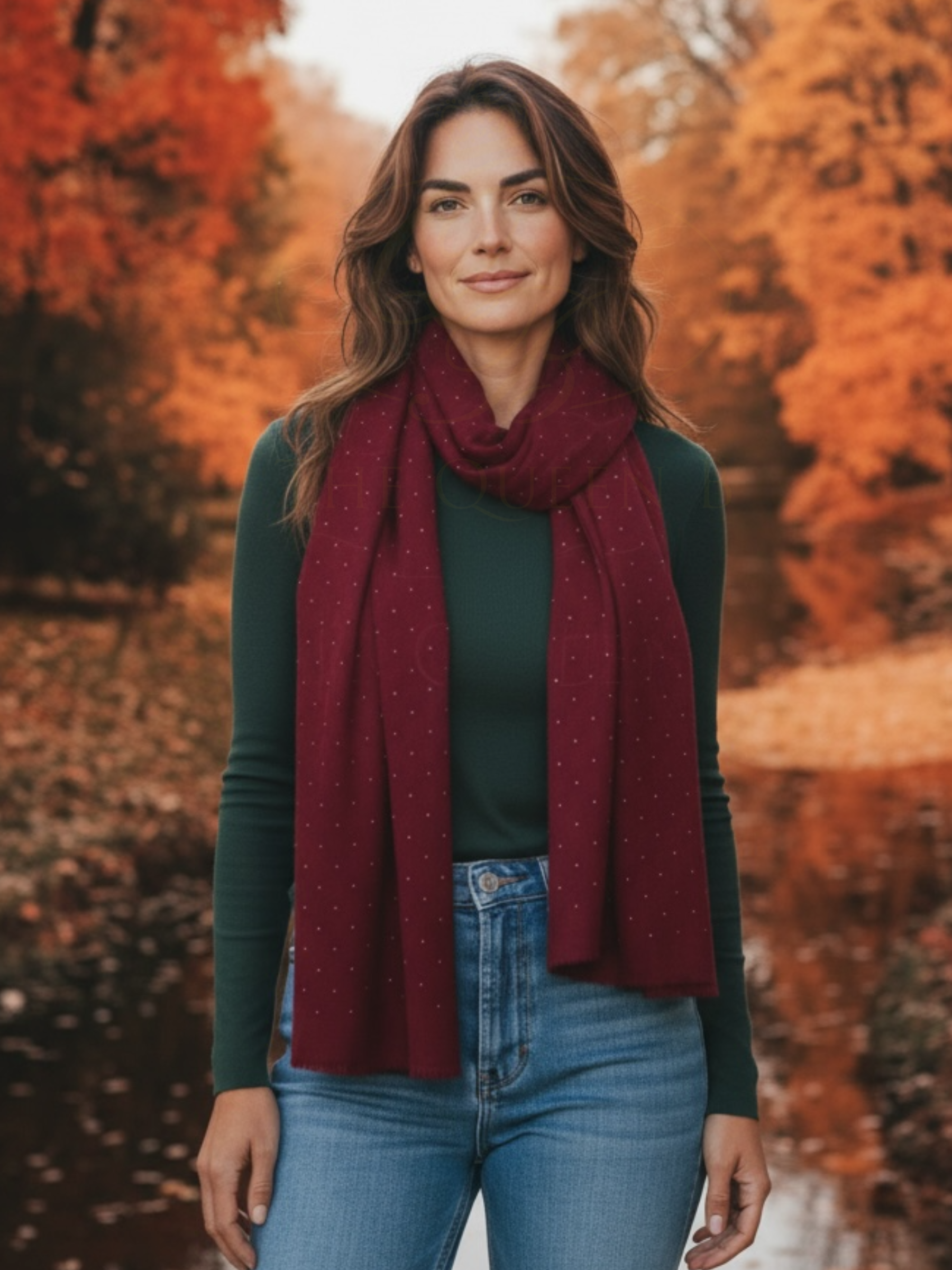 Malissa J GC21346 Wine Studded Handfeel Scarf with Fringing – women’s luxury winter scarf in deep wine with gold stud detailing and fringed edges. Soft-touch accessory for elegant day-to-night styling.