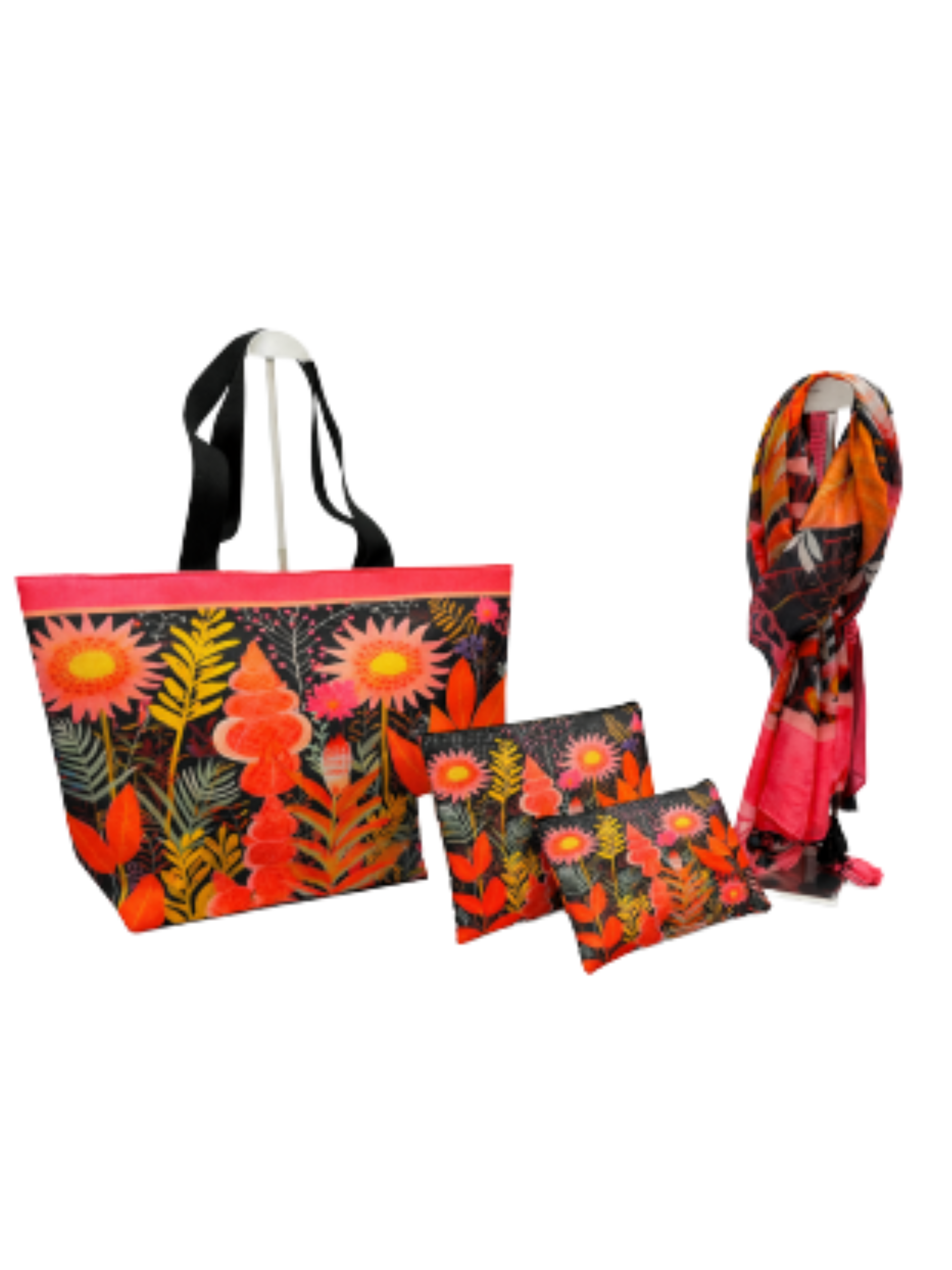 Malissa J GC21943 4-Piece Multi Summer Set including printed tote bag, two matching zip pouches and coordinating scarf.