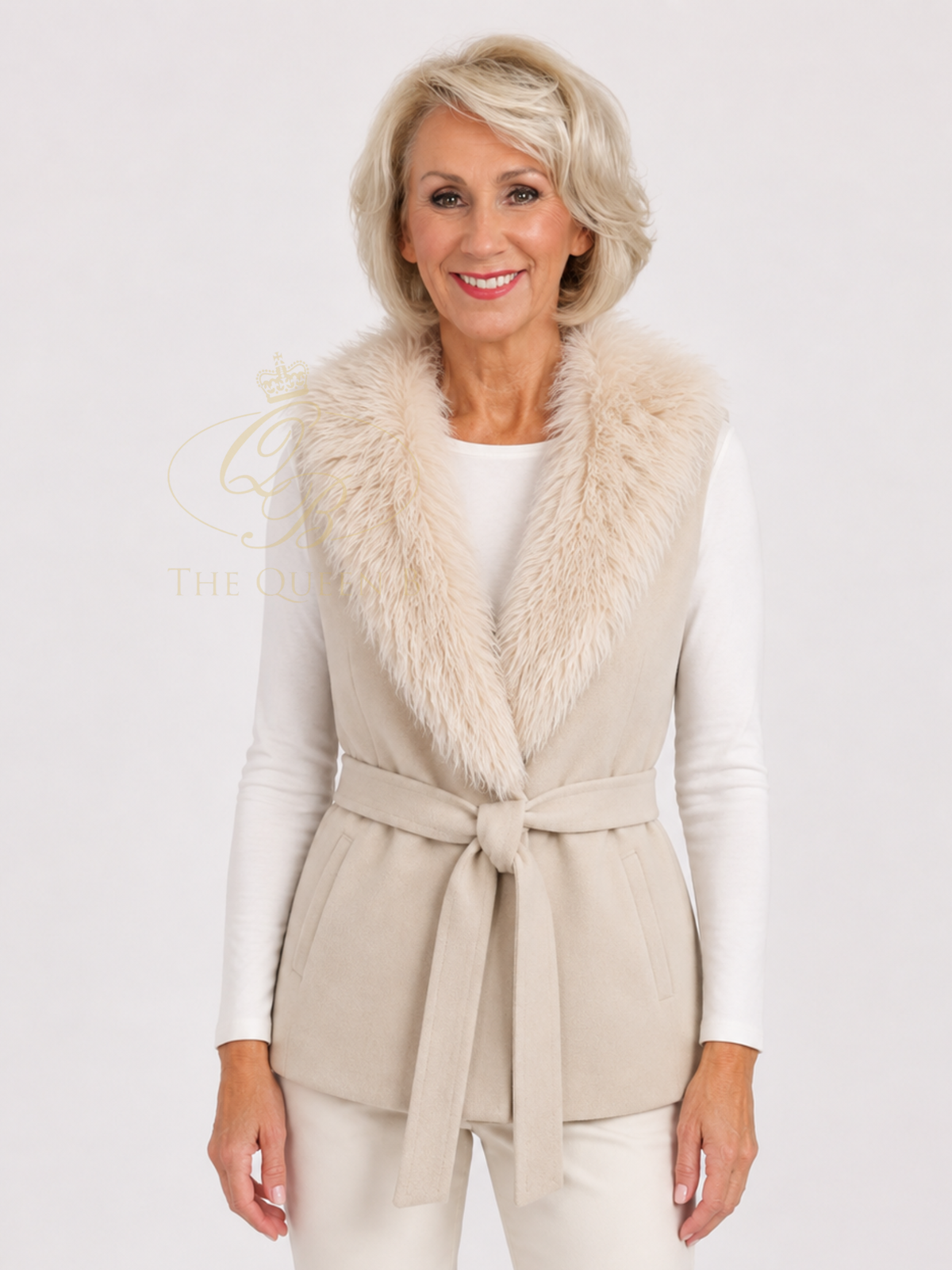 Malissa J GC21965 Mongolian Faux Fur Collar & Belt Gilet with faux fur collar, sleeveless shape and self-tie waist belt.