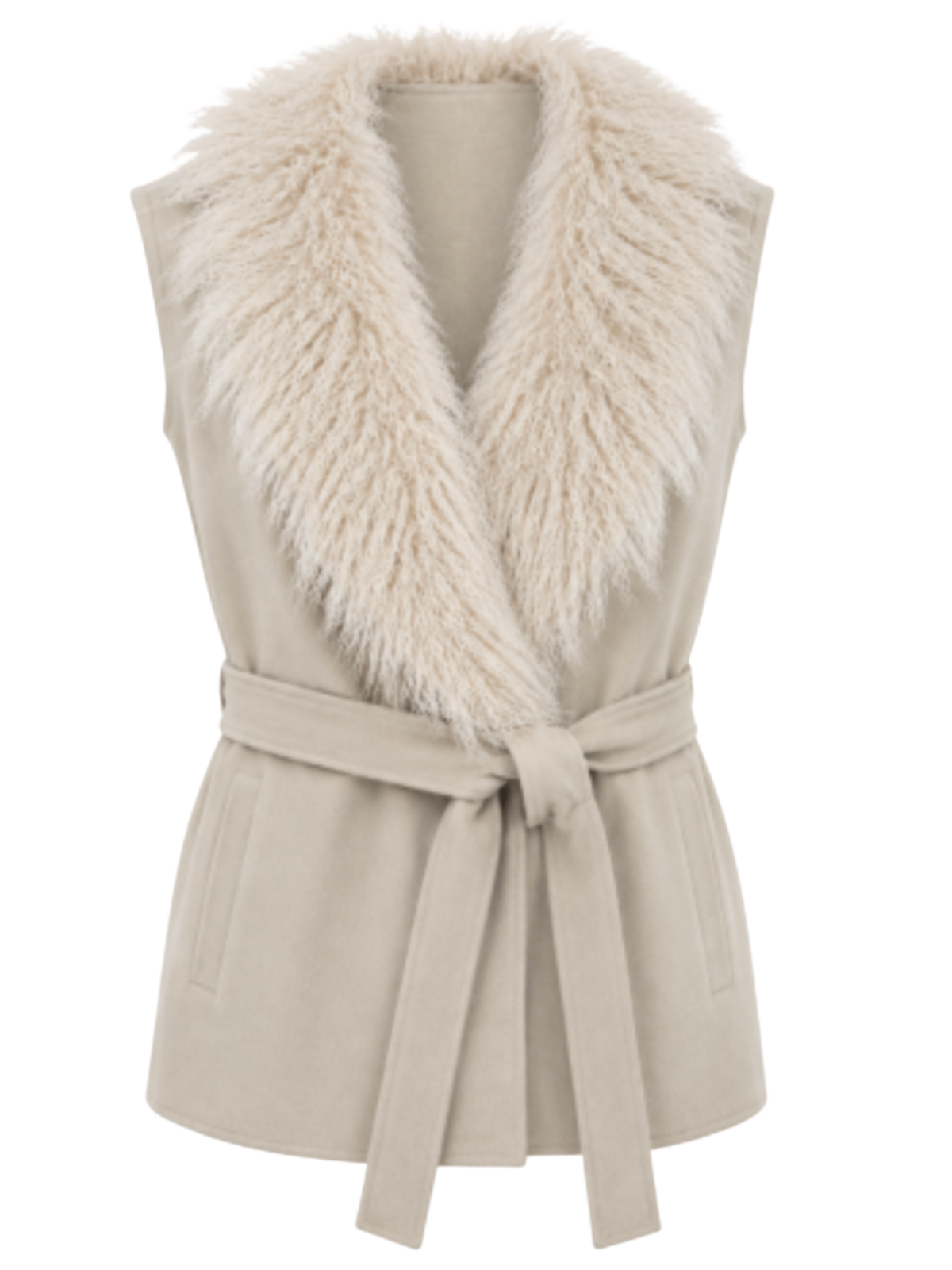Malissa J GC21965 Mongolian Faux Fur Collar & Belt Gilet with faux fur collar, sleeveless shape and self-tie waist belt.