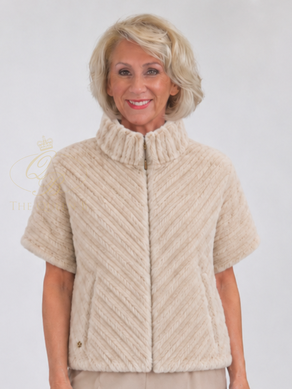 Malissa J GC21979 3/4 Sleeve Faux Fur Jacket with textured faux fur finish, high neckline, zip front and 3/4 sleeves.