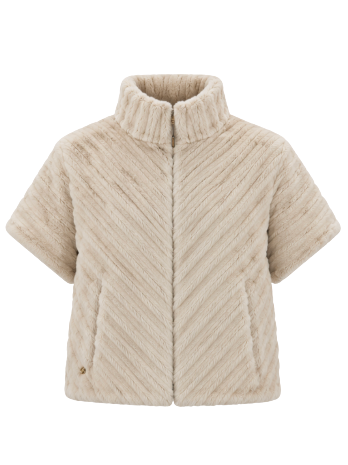 Malissa J GC21979 3/4 Sleeve Faux Fur Jacket with textured faux fur finish, high neckline, zip front and 3/4 sleeves.