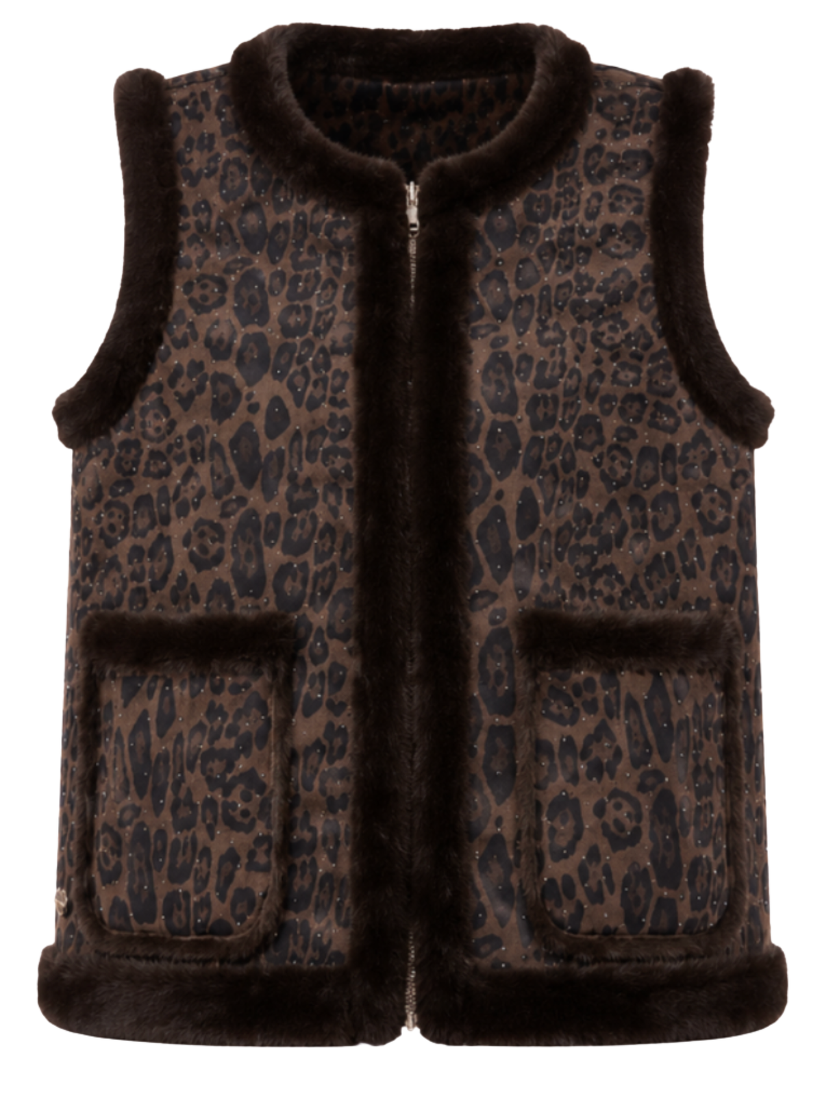 Malissa J GC22224 Faux Fur & Studded Reversible Gilet with reversible design, faux fur trim, studded detail, zip front and patch pockets.
