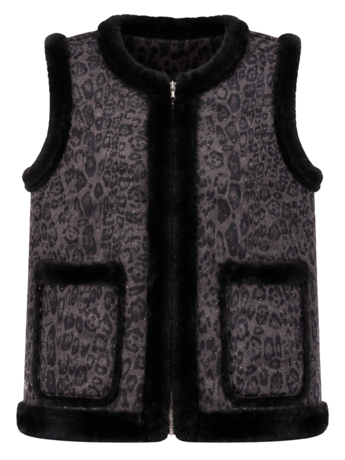 Malissa J GC22224 Faux Fur & Studded Reversible Gilet with reversible design, faux fur trim, studded detail, zip front and patch pockets.