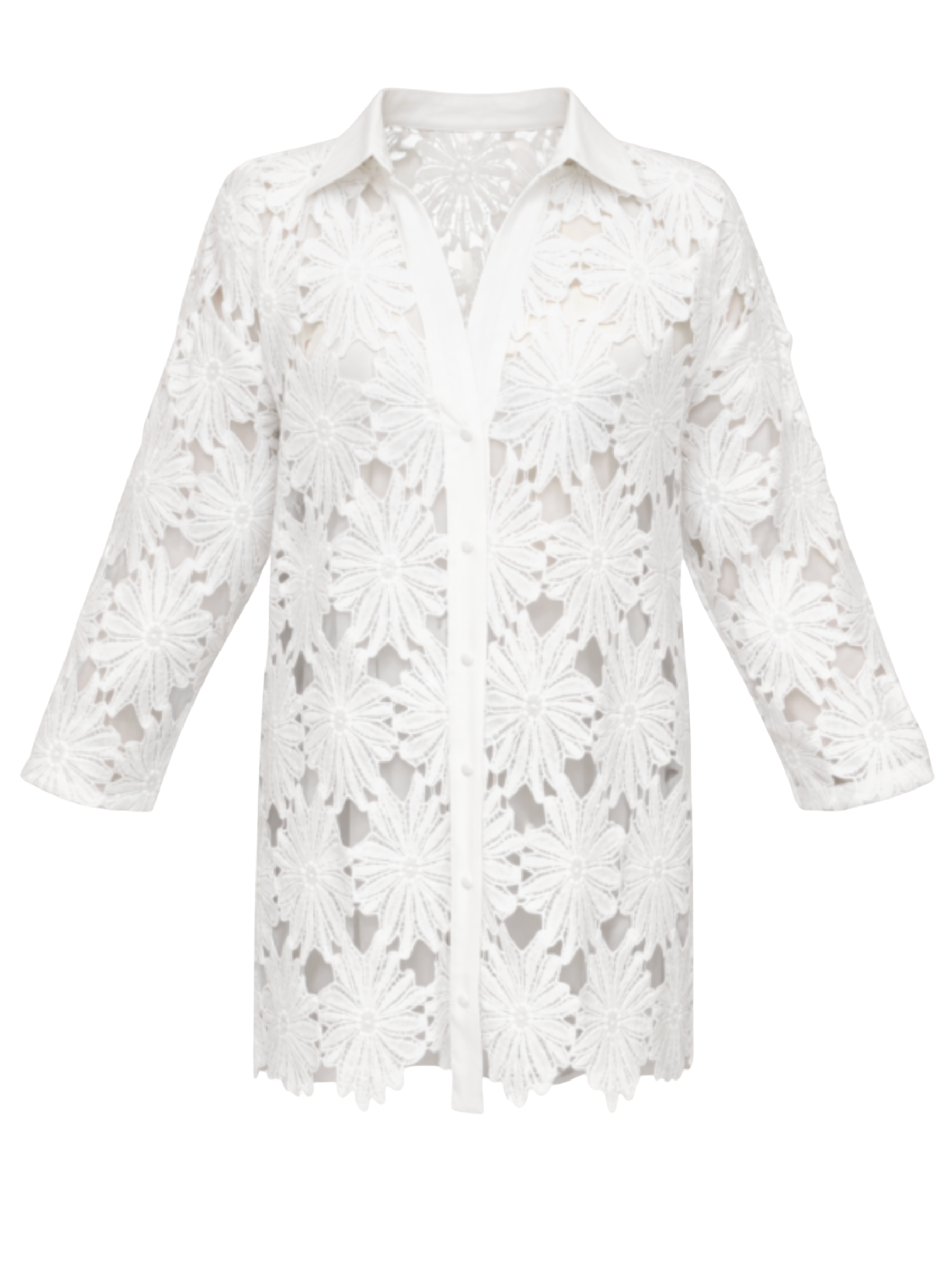 Malissa J WF1729 daisy lace crochet effect longline shirt with relaxed silhouette and button front detail.