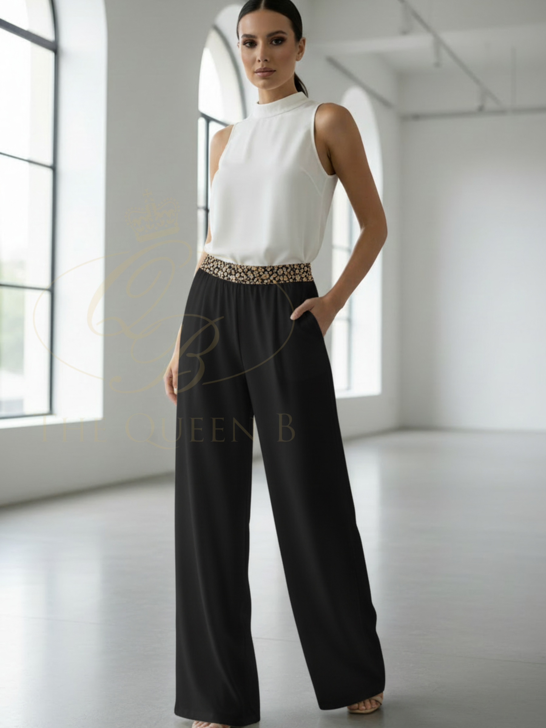 Malissa J woven wide leg trousers with high waist and contrast waistband detail in a flowing full-length silhouette.
